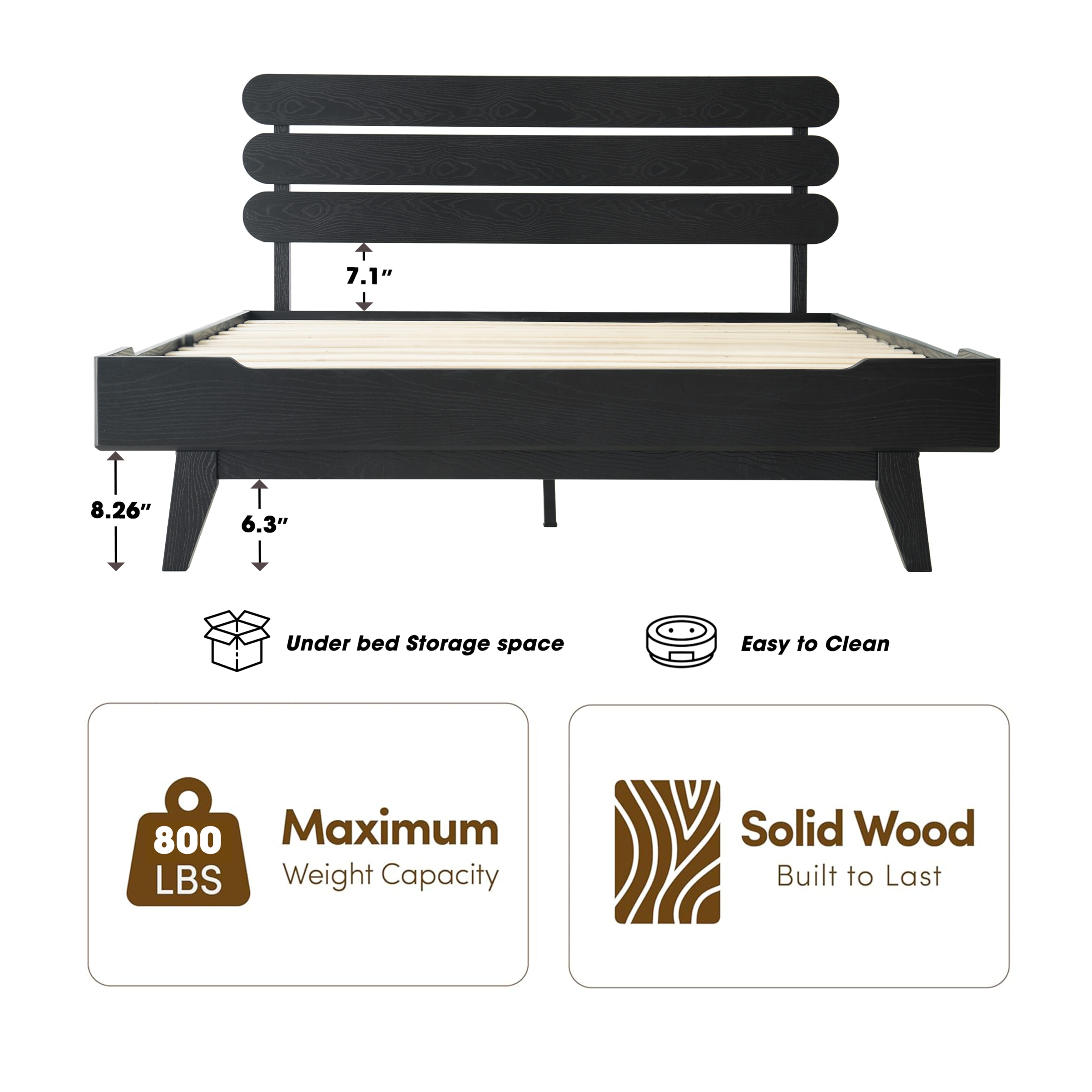 Queen Size Bed Frame with Headboard & Footboard Solid Wood Platform Bed, Center Metal Legs, 12 Sturdy Slatted Base, Easy Assembly, No Box Spring Needed, Anti-Noise & Slip-Free Ebony Oak Finish, OZQ-35
