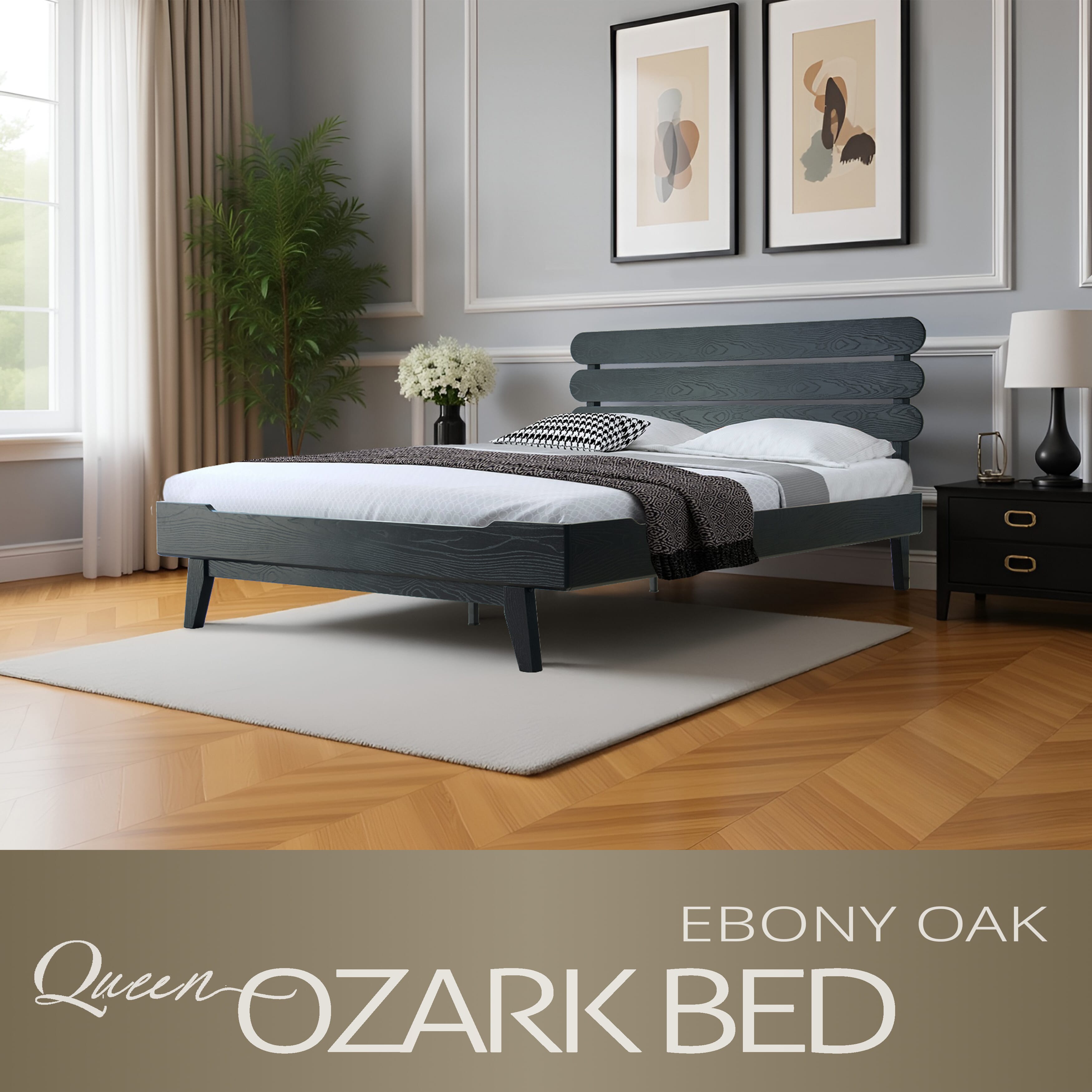 Queen Size Bed Frame with Headboard & Footboard Solid Wood Platform Bed, Center Metal Legs, 12 Sturdy Slatted Base, Easy Assembly, No Box Spring Needed, Anti-Noise & Slip-Free Ebony Oak Finish, OZQ-35