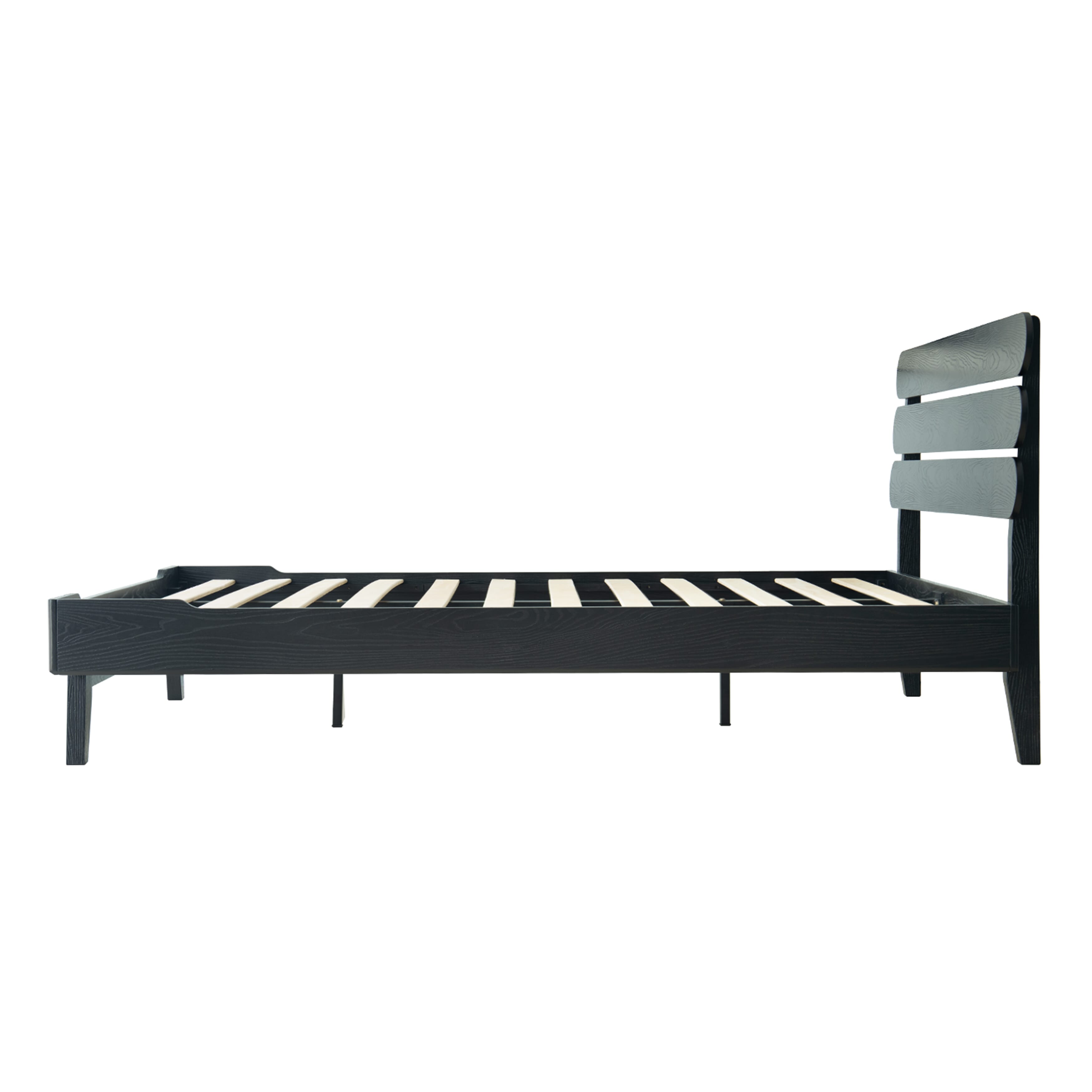 Queen Size Bed Frame with Headboard & Footboard Solid Wood Platform Bed, Center Metal Legs, 12 Sturdy Slatted Base, Easy Assembly, No Box Spring Needed, Anti-Noise & Slip-Free Ebony Oak Finish, OZQ-35