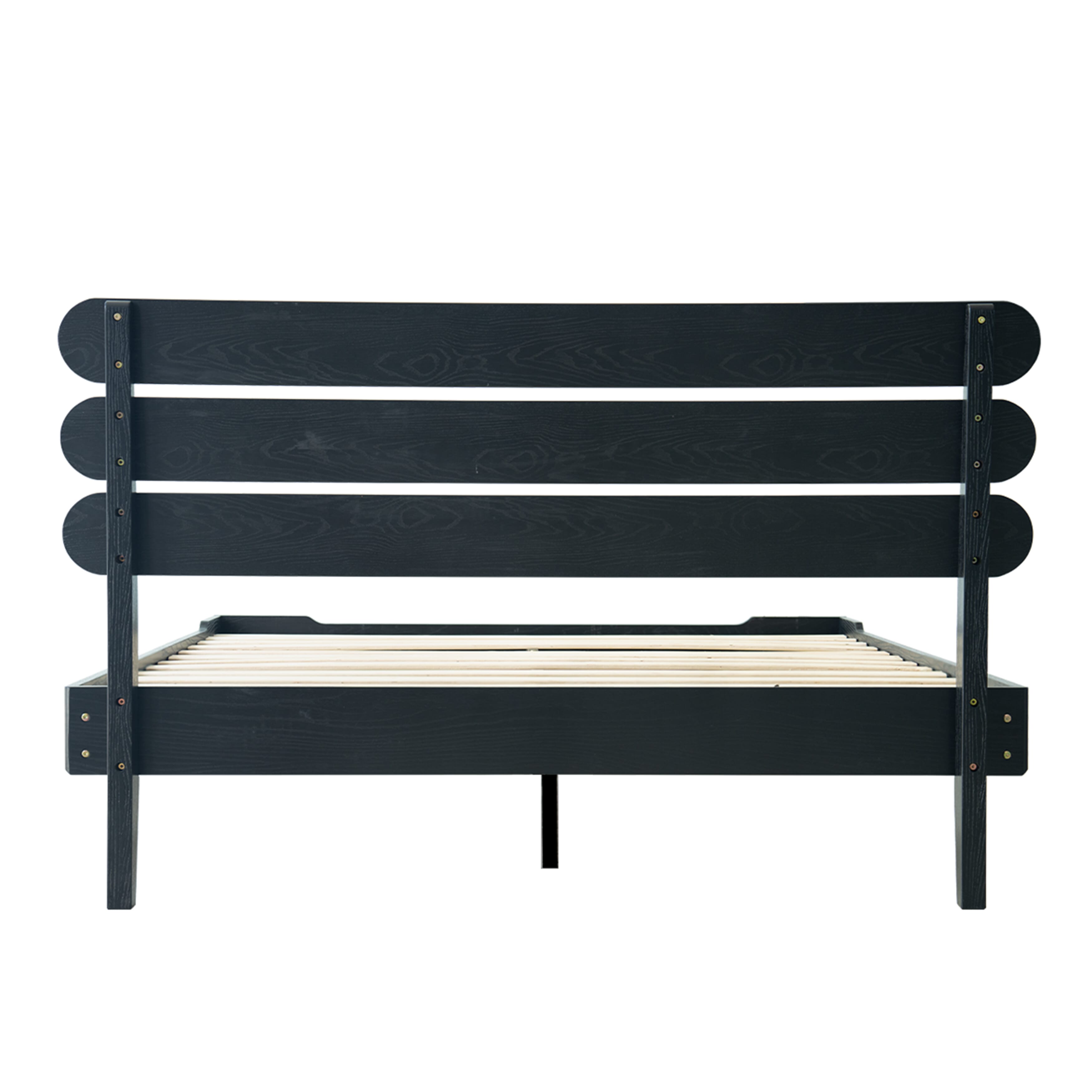 Queen Size Bed Frame with Headboard & Footboard Solid Wood Platform Bed, Center Metal Legs, 12 Sturdy Slatted Base, Easy Assembly, No Box Spring Needed, Anti-Noise & Slip-Free Ebony Oak Finish, OZQ-35