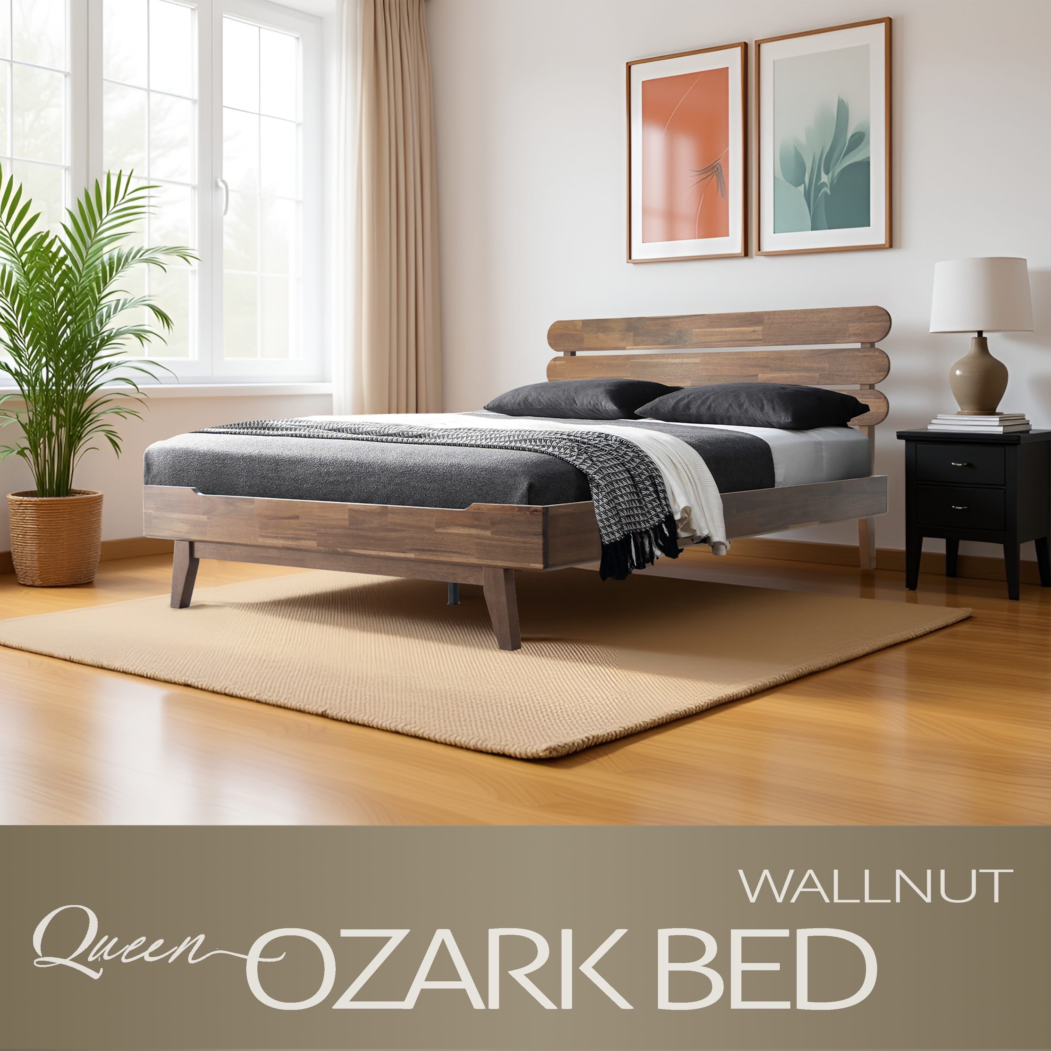 Queen Size Bed Frame with Headboard & Footboard, Solid Wood Platform Bed, Metal Legs,12 Durable Slatted Structure, No Box Spring Needed, Anti-Noise & Slip-Free, Easy Assembly, Walnut Finish, OZQ-37