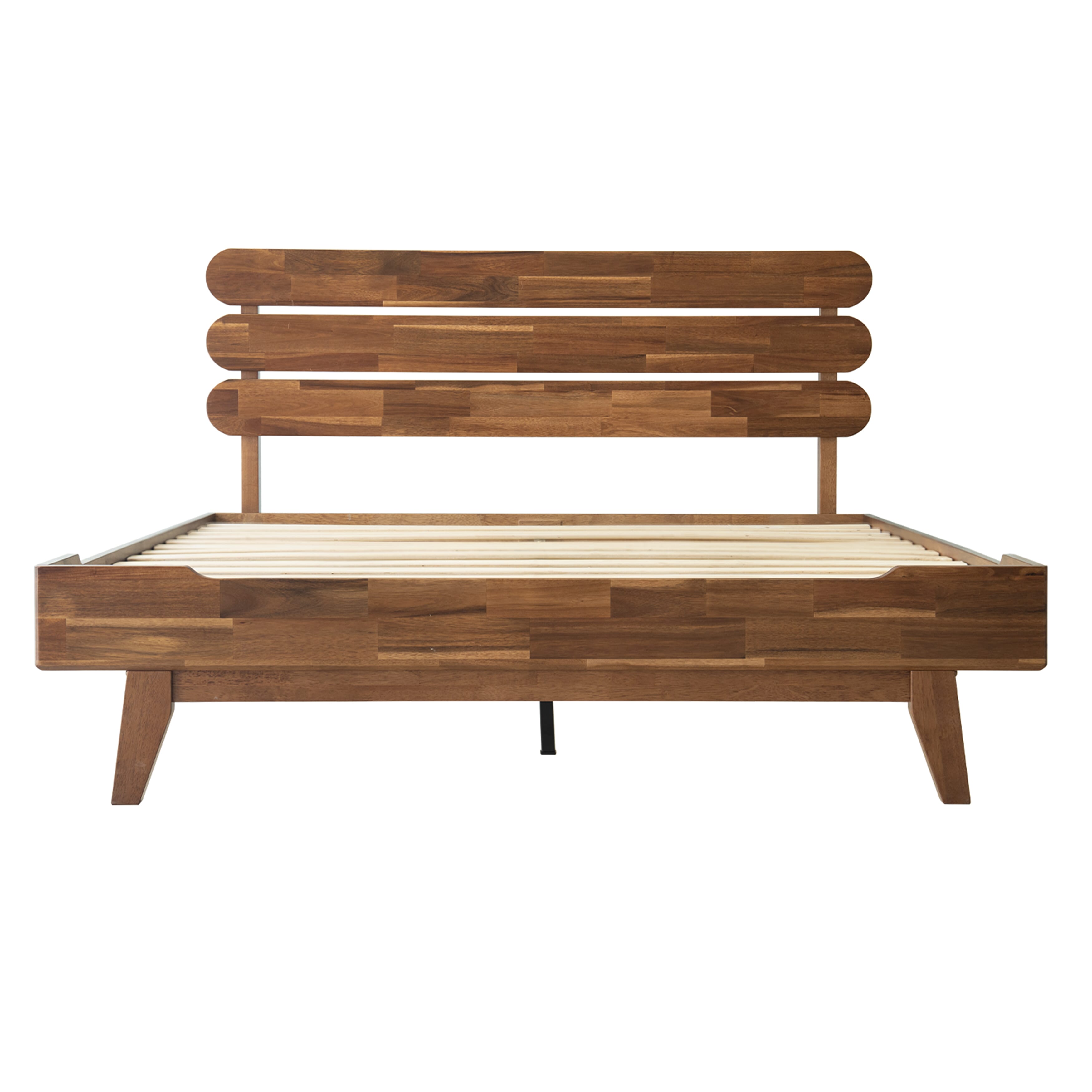 Queen Size Bed Frame with Headboard & Footboard, Solid Wood Platform Bed, Metal Legs,12 Durable Slatted Structure, No Box Spring Needed, Anti-Noise & Slip-Free, Easy Assembly, Walnut Finish, OZQ-37