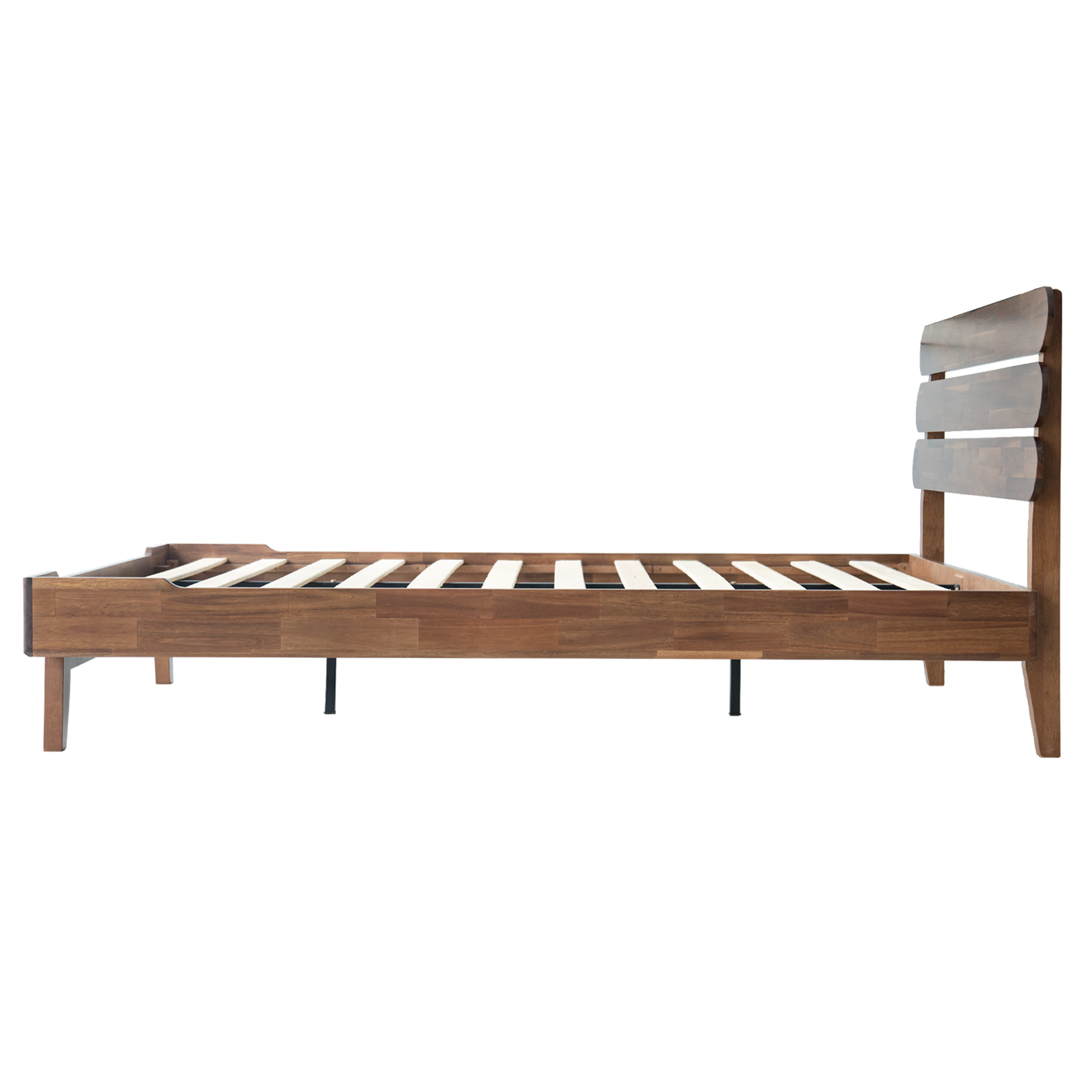 Queen Size Bed Frame with Headboard & Footboard, Solid Wood Platform Bed, Metal Legs,12 Durable Slatted Structure, No Box Spring Needed, Anti-Noise & Slip-Free, Easy Assembly, Walnut Finish, OZQ-37