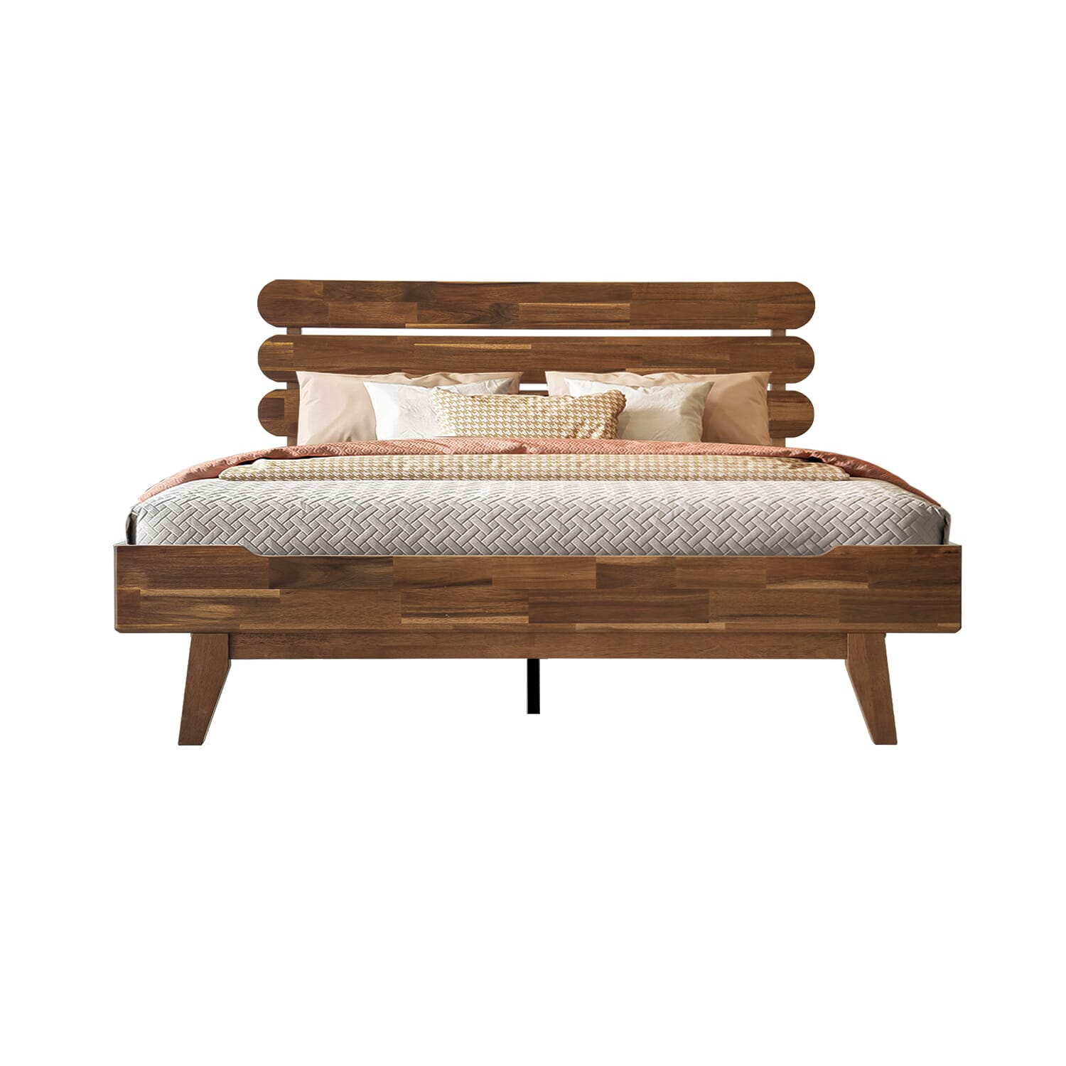 Queen Size Bed Frame with Headboard & Footboard, Solid Wood Platform Bed, Metal Legs,12 Durable Slatted Structure, No Box Spring Needed, Anti-Noise & Slip-Free, Easy Assembly, Walnut Finish, OZQ-37