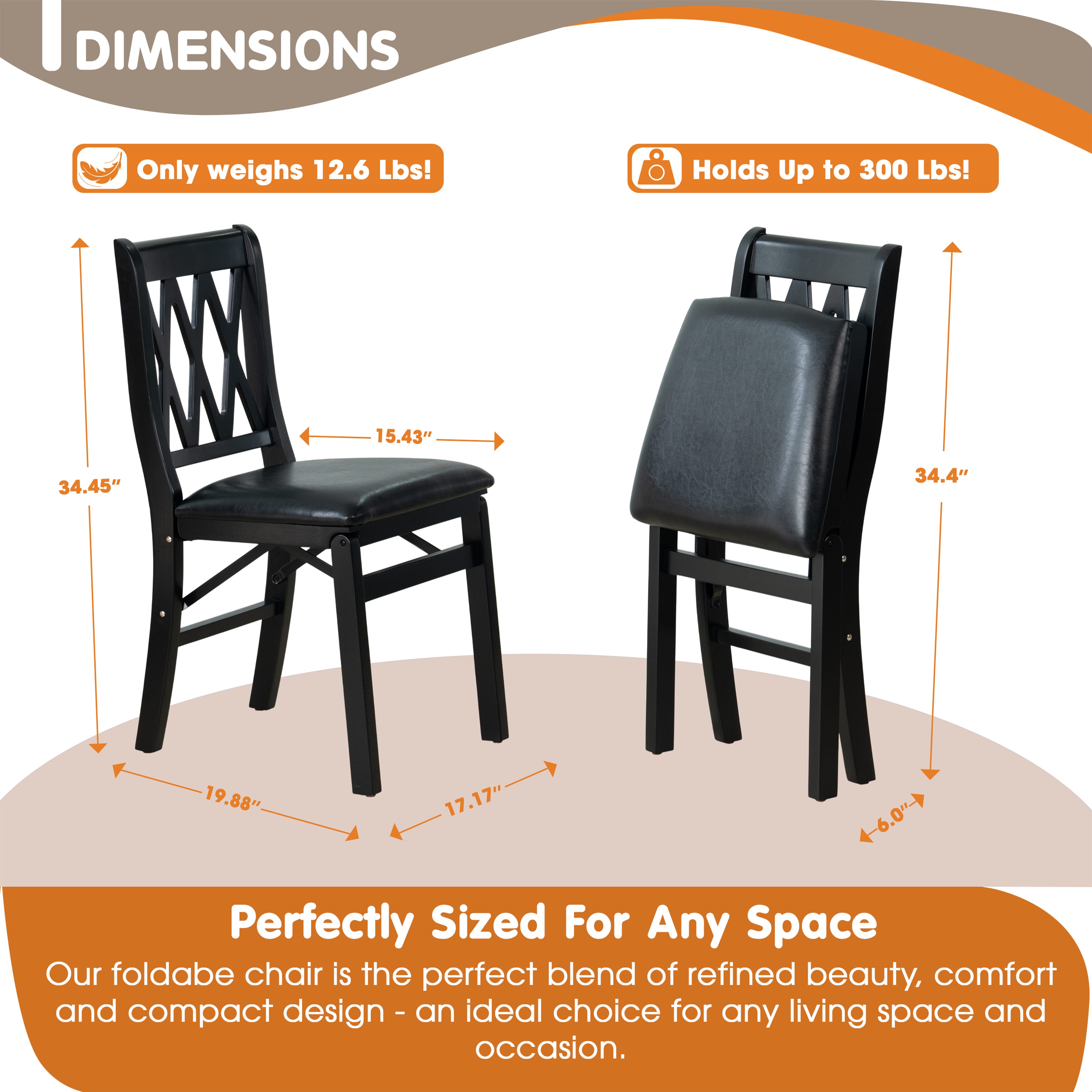 East West Furniture - PNC-BLK-49, A Plano Folding Solid Wood Dinner Chairs with Polyester Seat, 3-X Back Design, Set of 2, Fully Assembled, Black Wood Finish