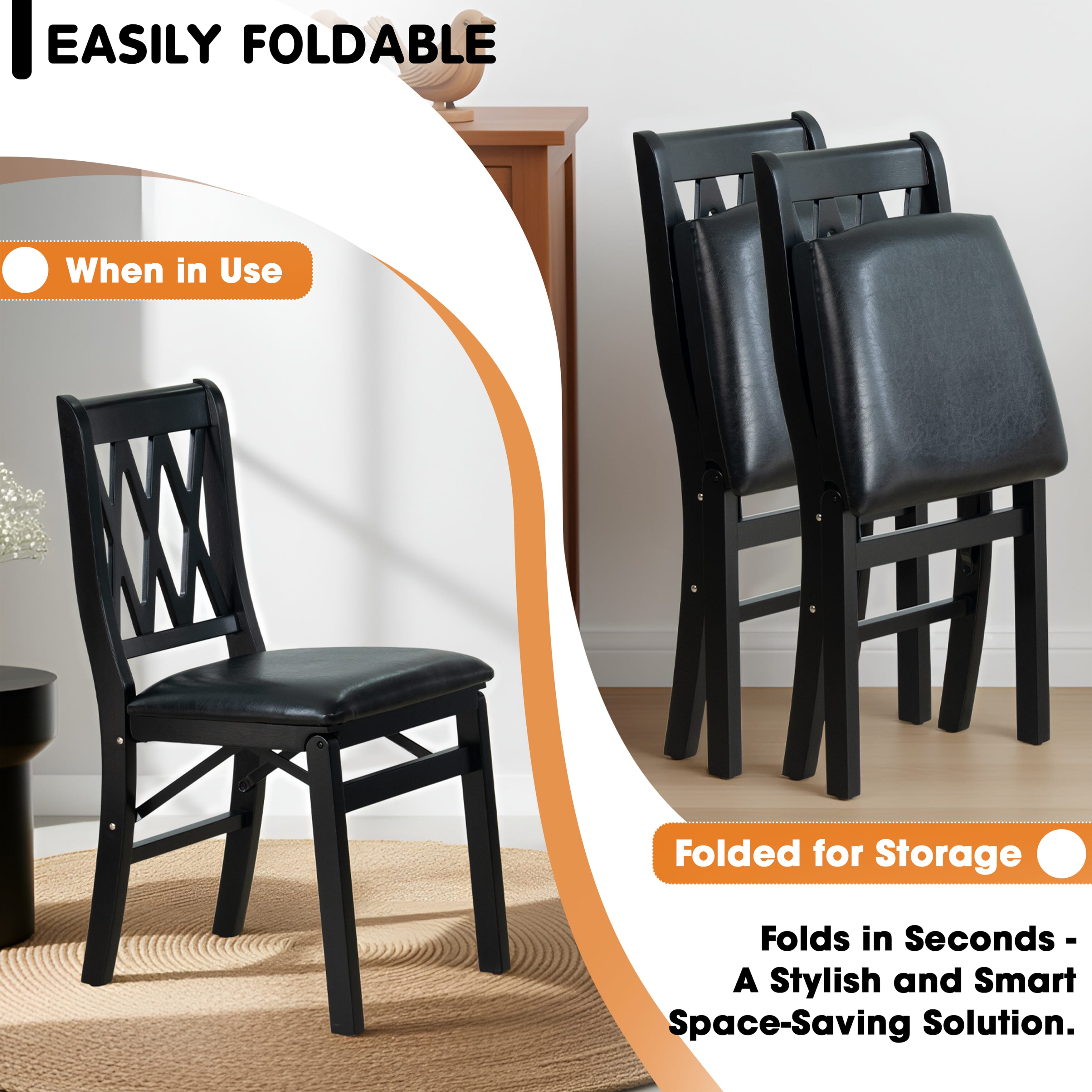 East West Furniture - PNC-BLK-49, A Plano Folding Solid Wood Dinner Chairs with Polyester Seat, 3-X Back Design, Set of 2, Fully Assembled, Black Wood Finish