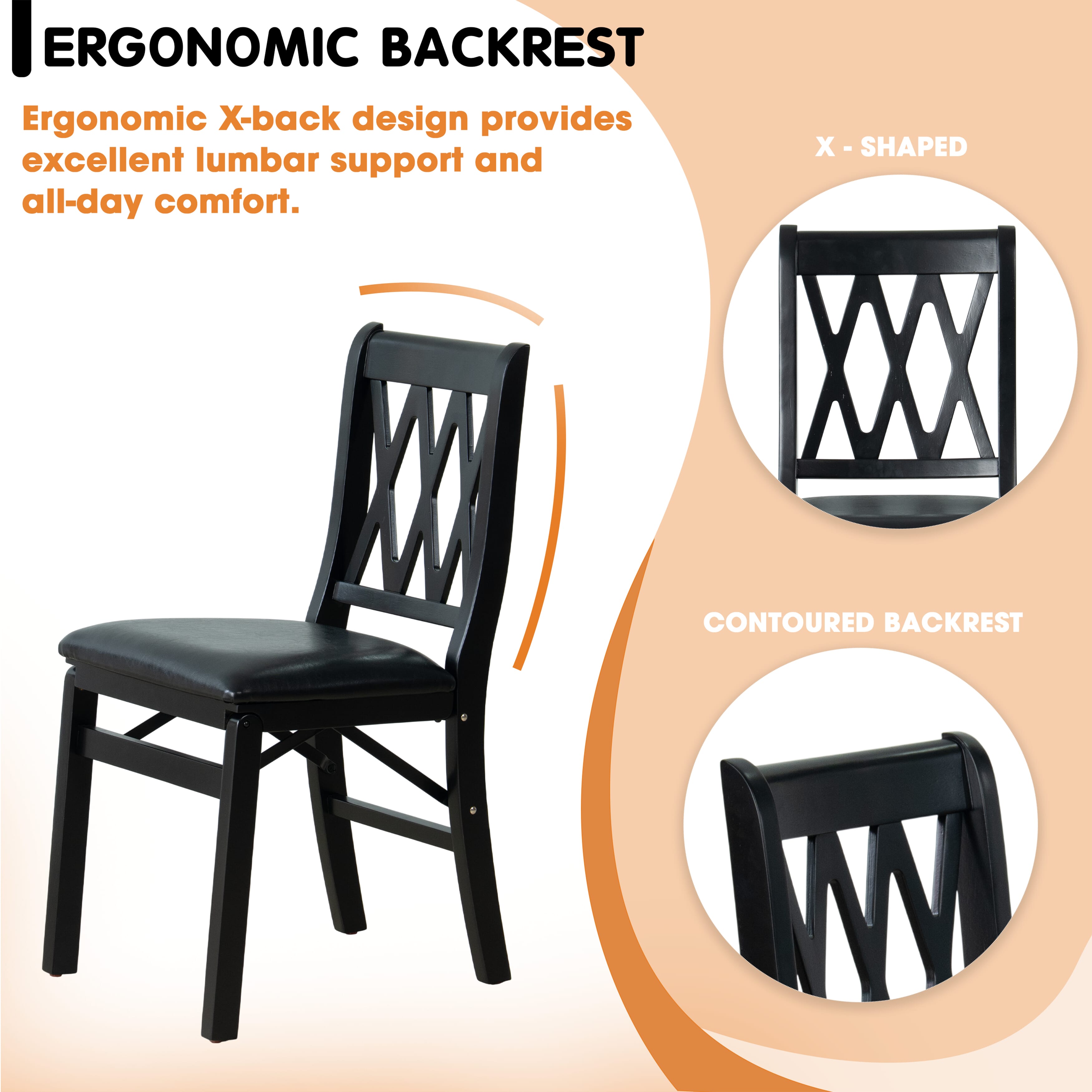 East West Furniture - PNC-BLK-49, A Plano Folding Solid Wood Dinner Chairs with Polyester Seat, 3-X Back Design, Set of 2, Fully Assembled, Black Wood Finish