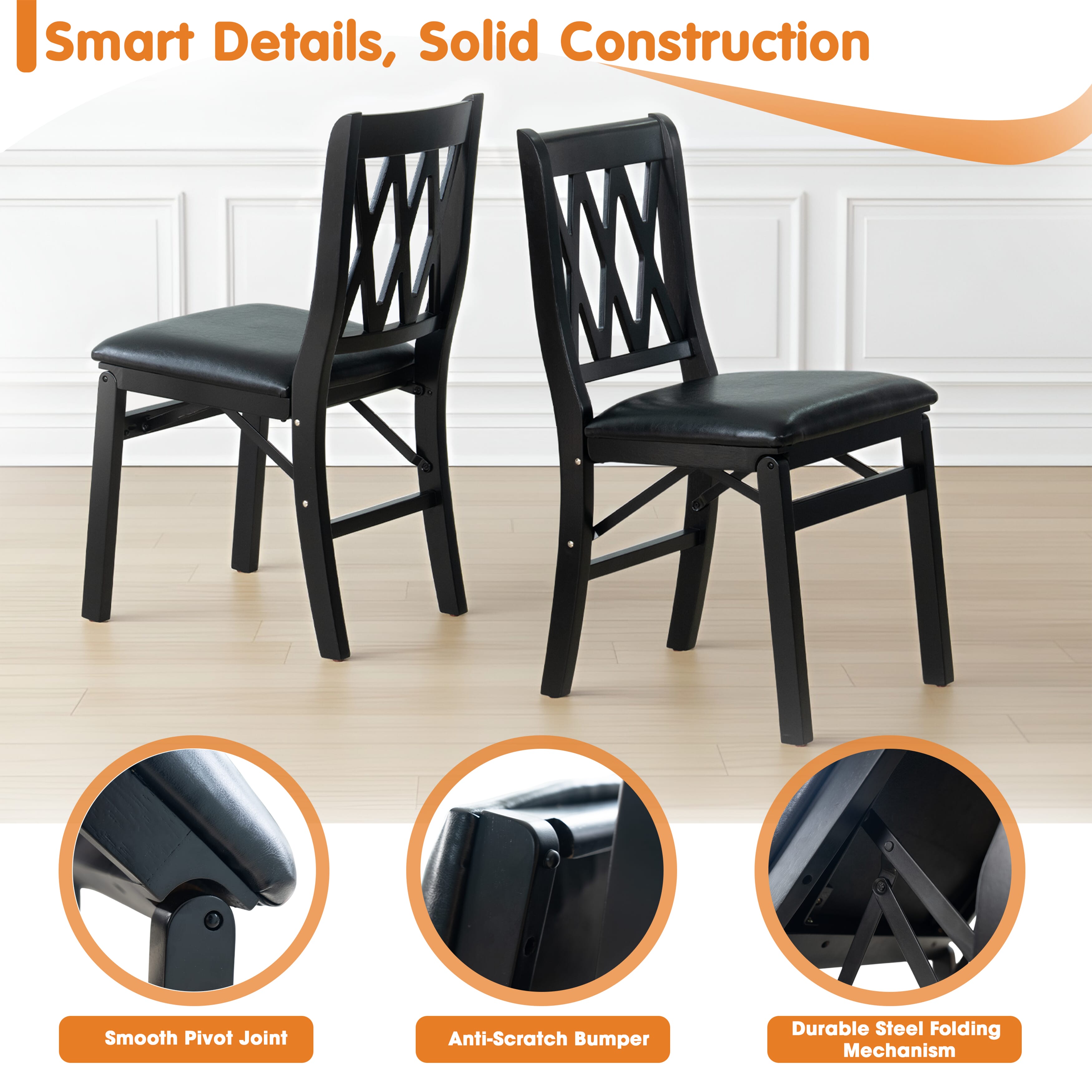 East West Furniture - PNC-BLK-49, A Plano Folding Solid Wood Dinner Chairs with Polyester Seat, 3-X Back Design, Set of 2, Fully Assembled, Black Wood Finish