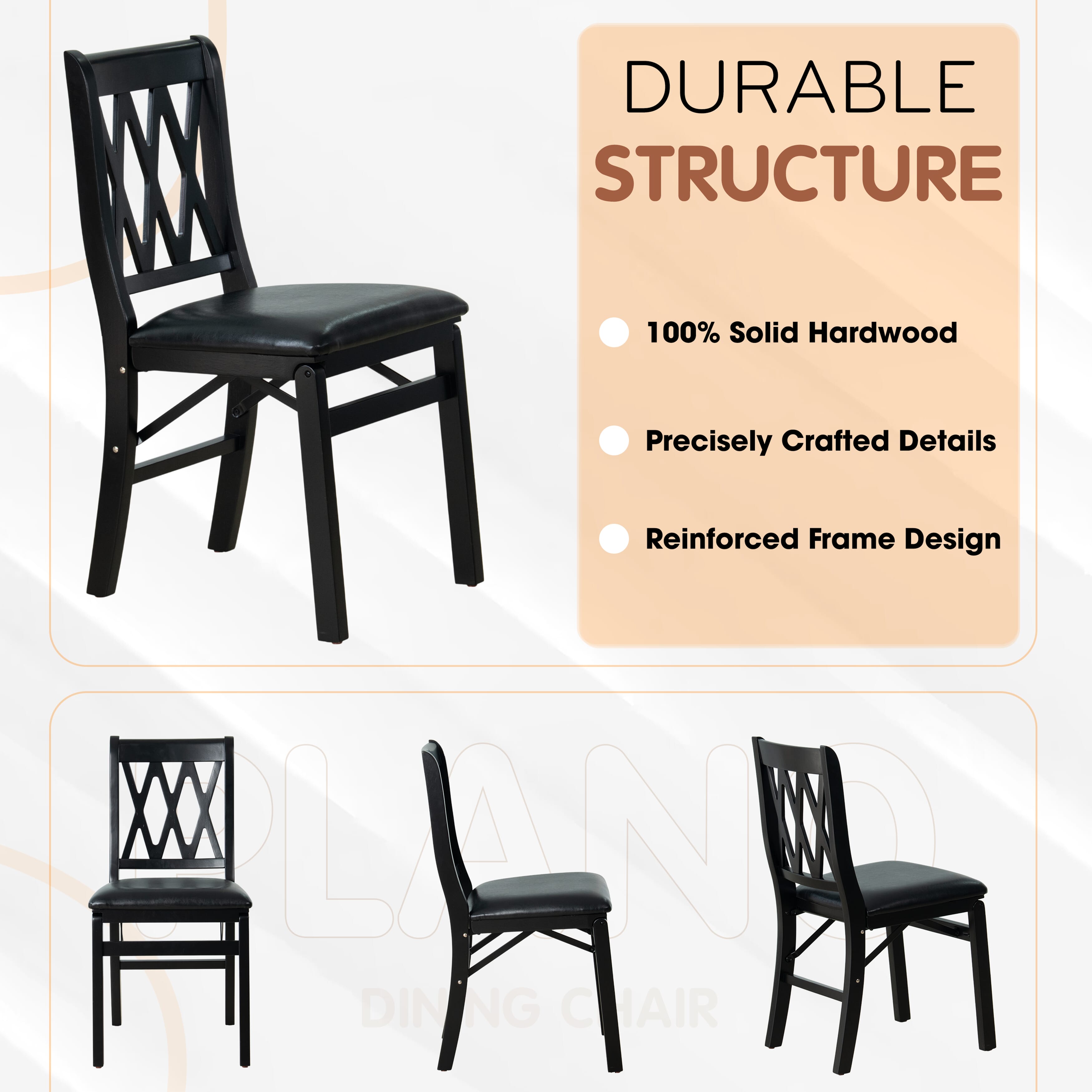 East West Furniture - PNC-BLK-49, A Plano Folding Solid Wood Dinner Chairs with Polyester Seat, 3-X Back Design, Set of 2, Fully Assembled, Black Wood Finish
