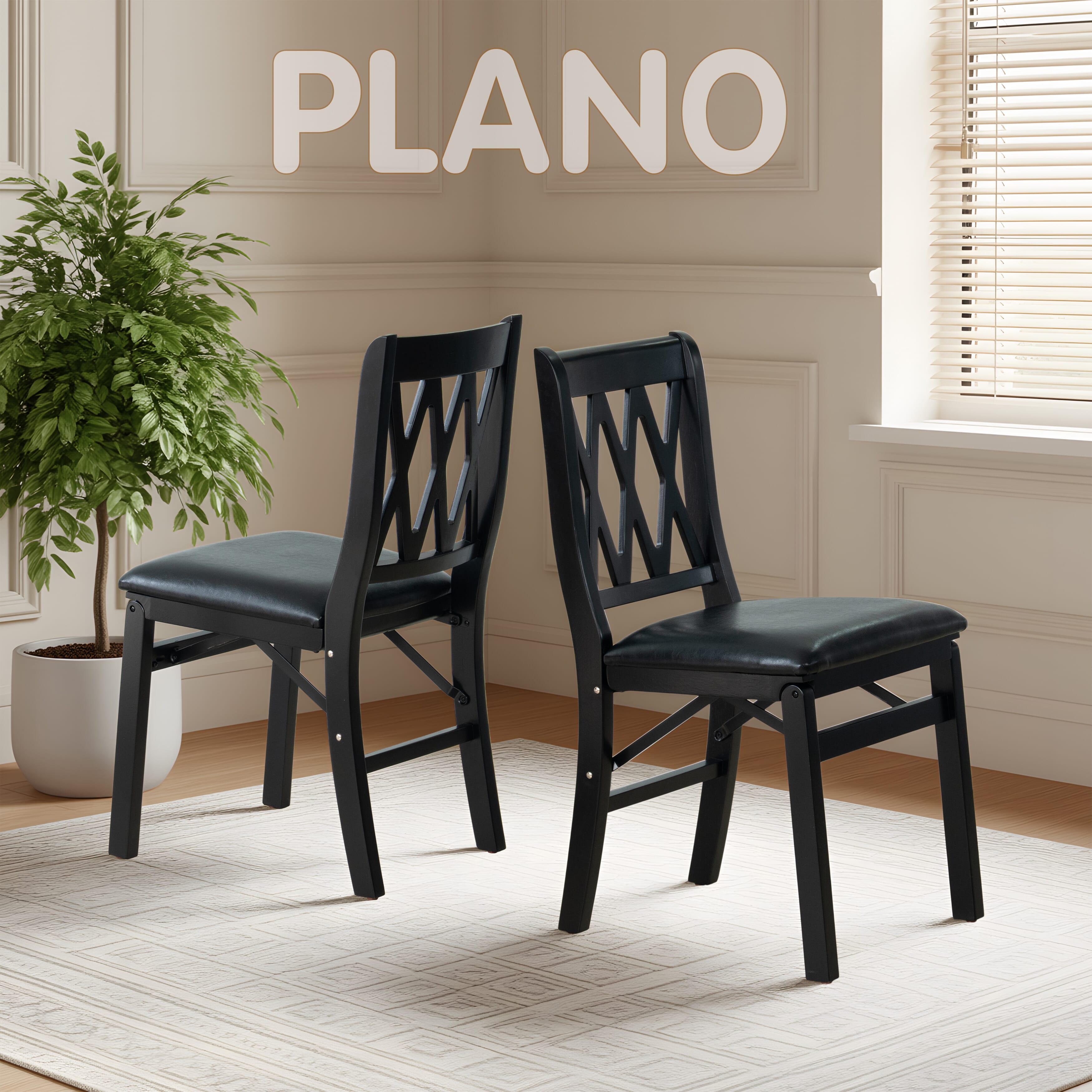 East West Furniture - PNC-BLK-49, A Plano Folding Solid Wood Dinner Chairs with Polyester Seat, 3-X Back Design, Set of 2, Fully Assembled, Black Wood Finish