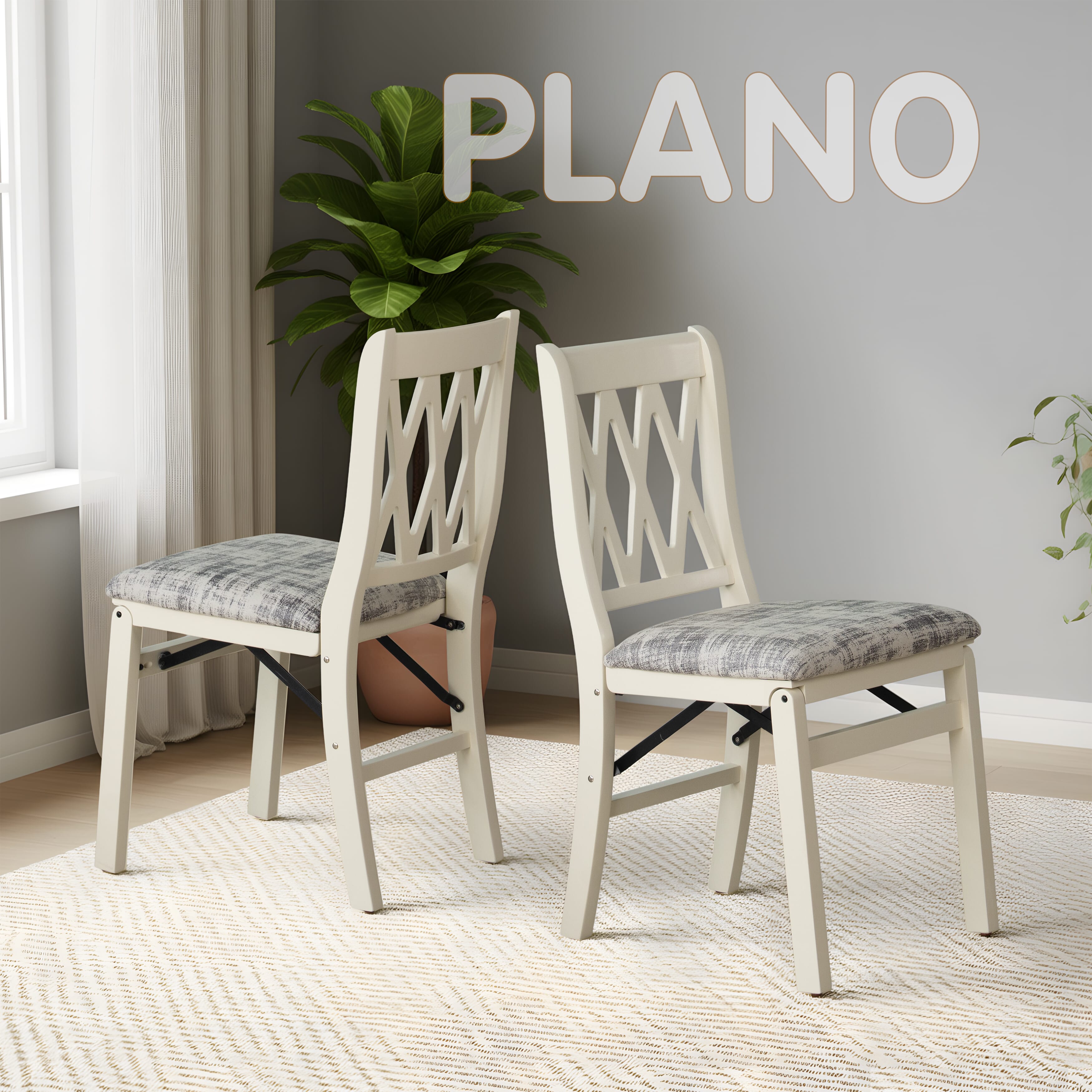 East West Furniture - PNC-LWH-30– Plano Folding Kitchen Chairs with Polyester Seat, Ready to Use, 3-X Back Design, Set of 2, Linen White Wood Finish