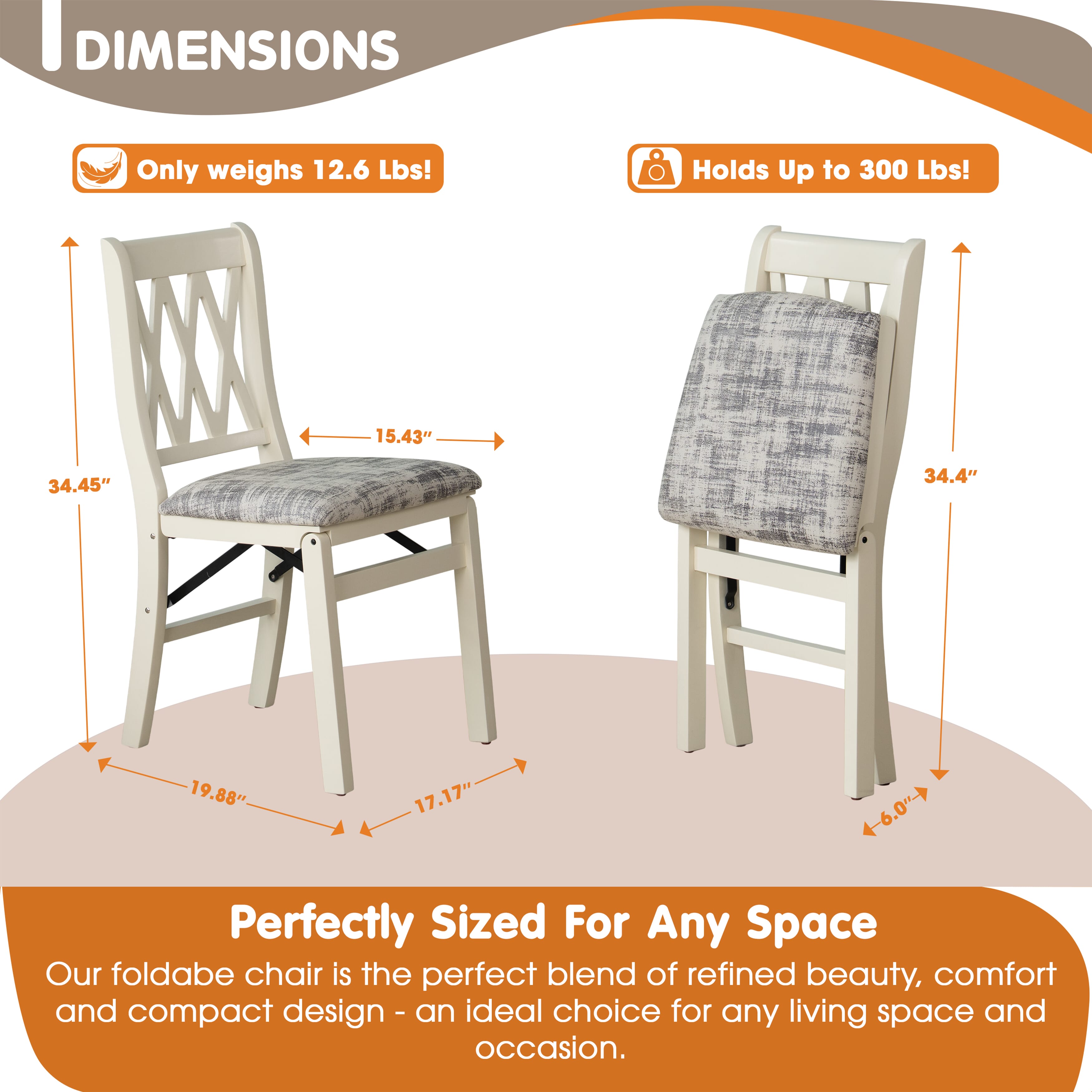 East West Furniture - PNC-LWH-30– Plano Folding Kitchen Chairs with Polyester Seat, Ready to Use, 3-X Back Design, Set of 2, Linen White Wood Finish