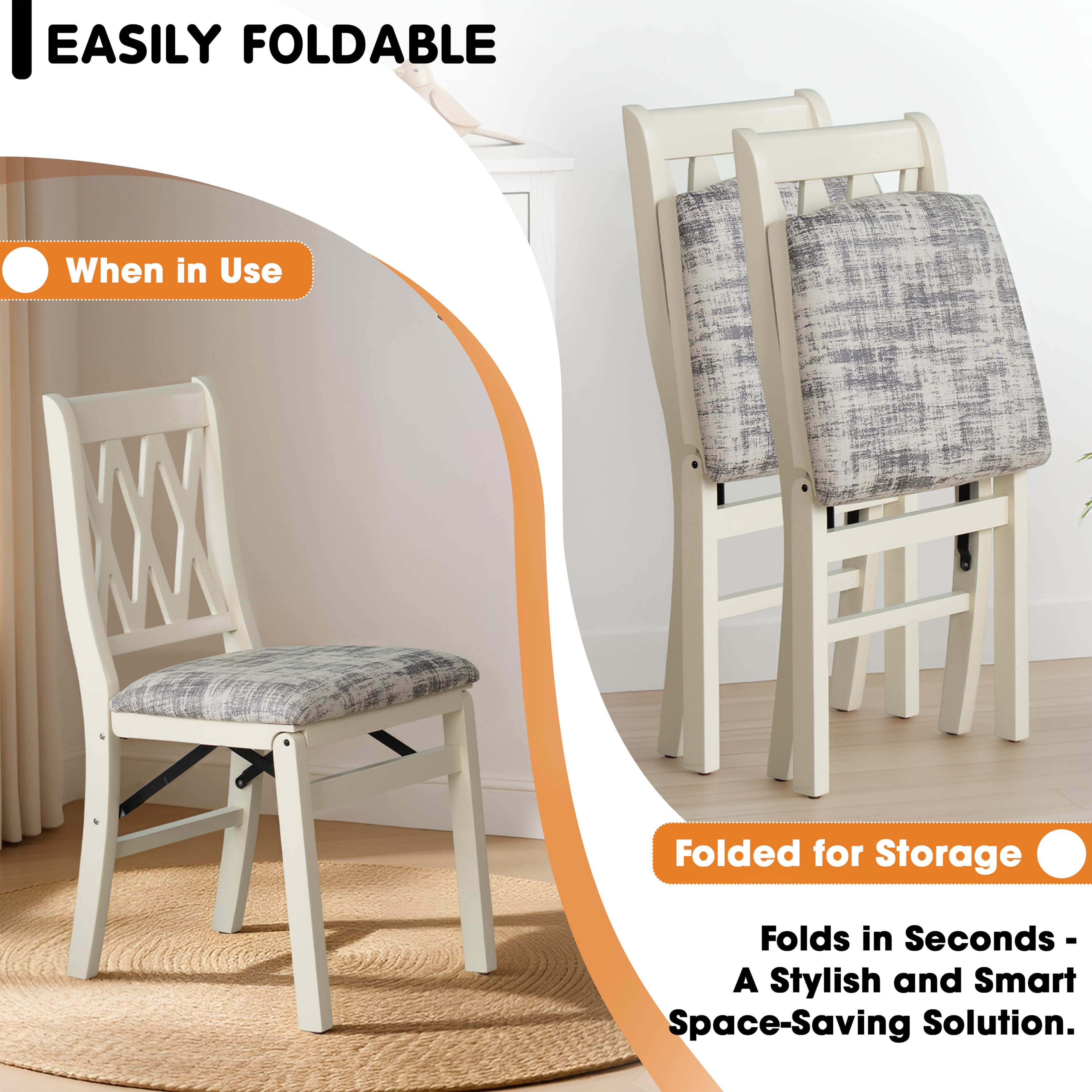 East West Furniture - PNC-LWH-30– Plano Folding Kitchen Chairs with Polyester Seat, Ready to Use, 3-X Back Design, Set of 2, Linen White Wood Finish