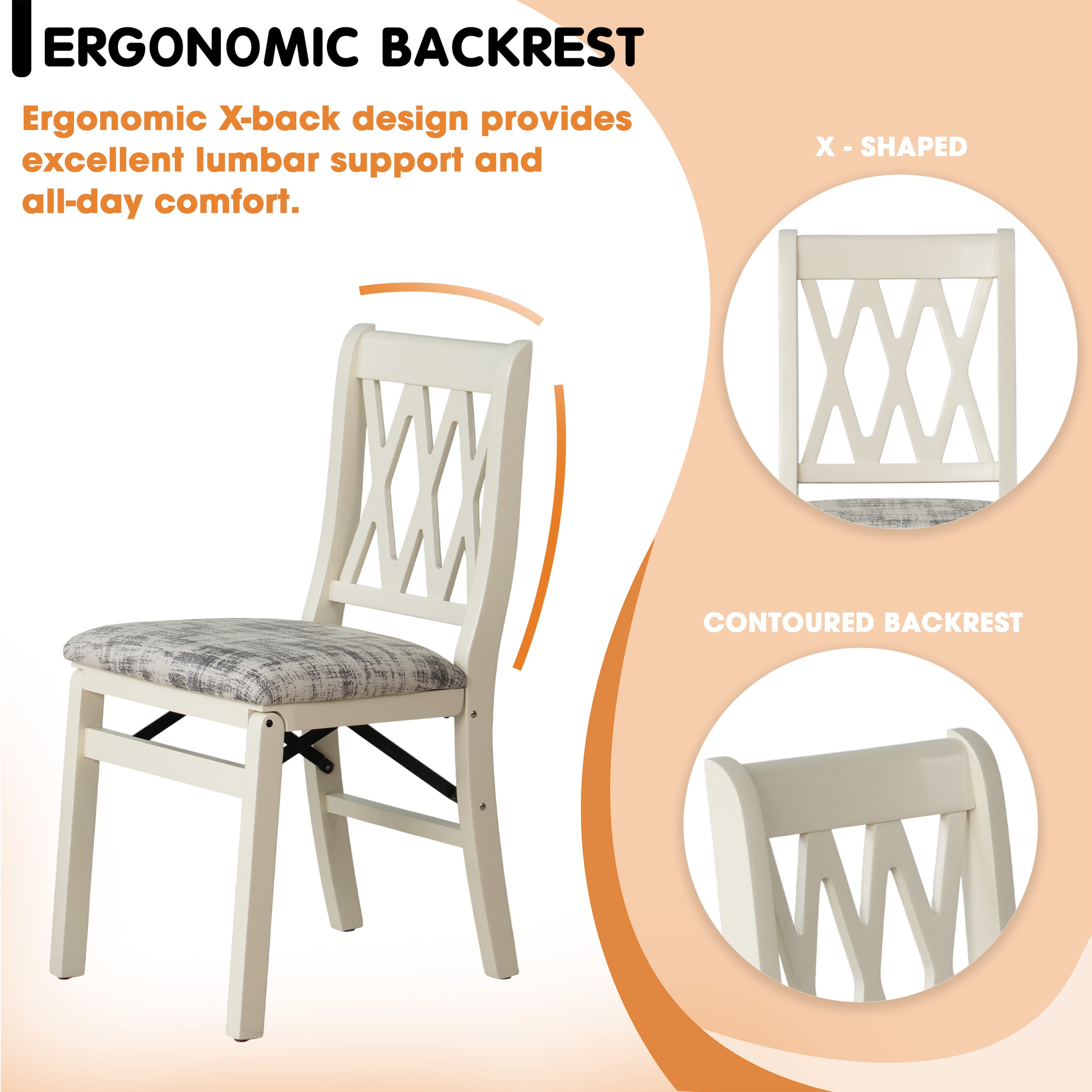 East West Furniture - PNC-LWH-30– Plano Folding Kitchen Chairs with Polyester Seat, Ready to Use, 3-X Back Design, Set of 2, Linen White Wood Finish