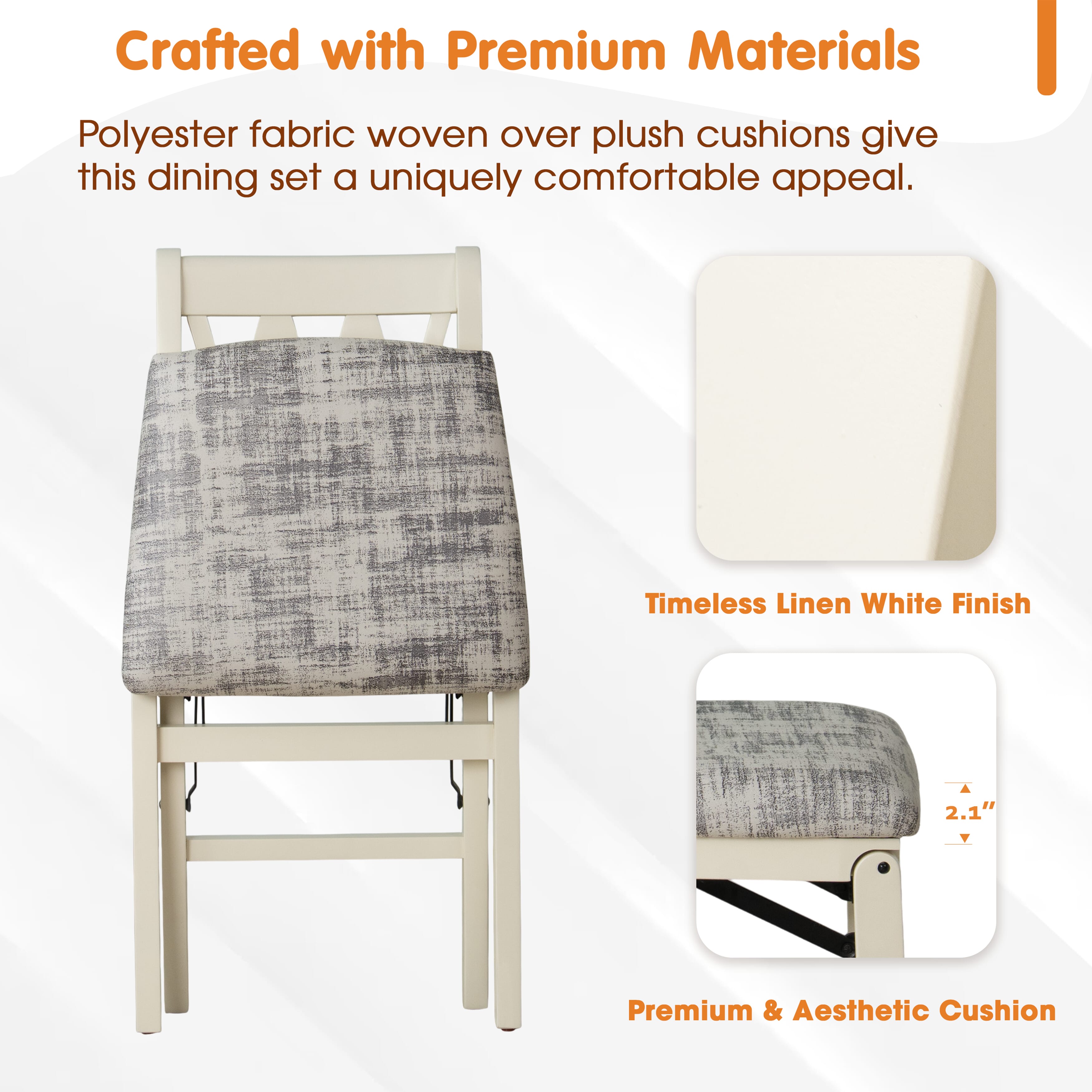 East West Furniture - PNC-LWH-30– Plano Folding Kitchen Chairs with Polyester Seat, Ready to Use, 3-X Back Design, Set of 2, Linen White Wood Finish