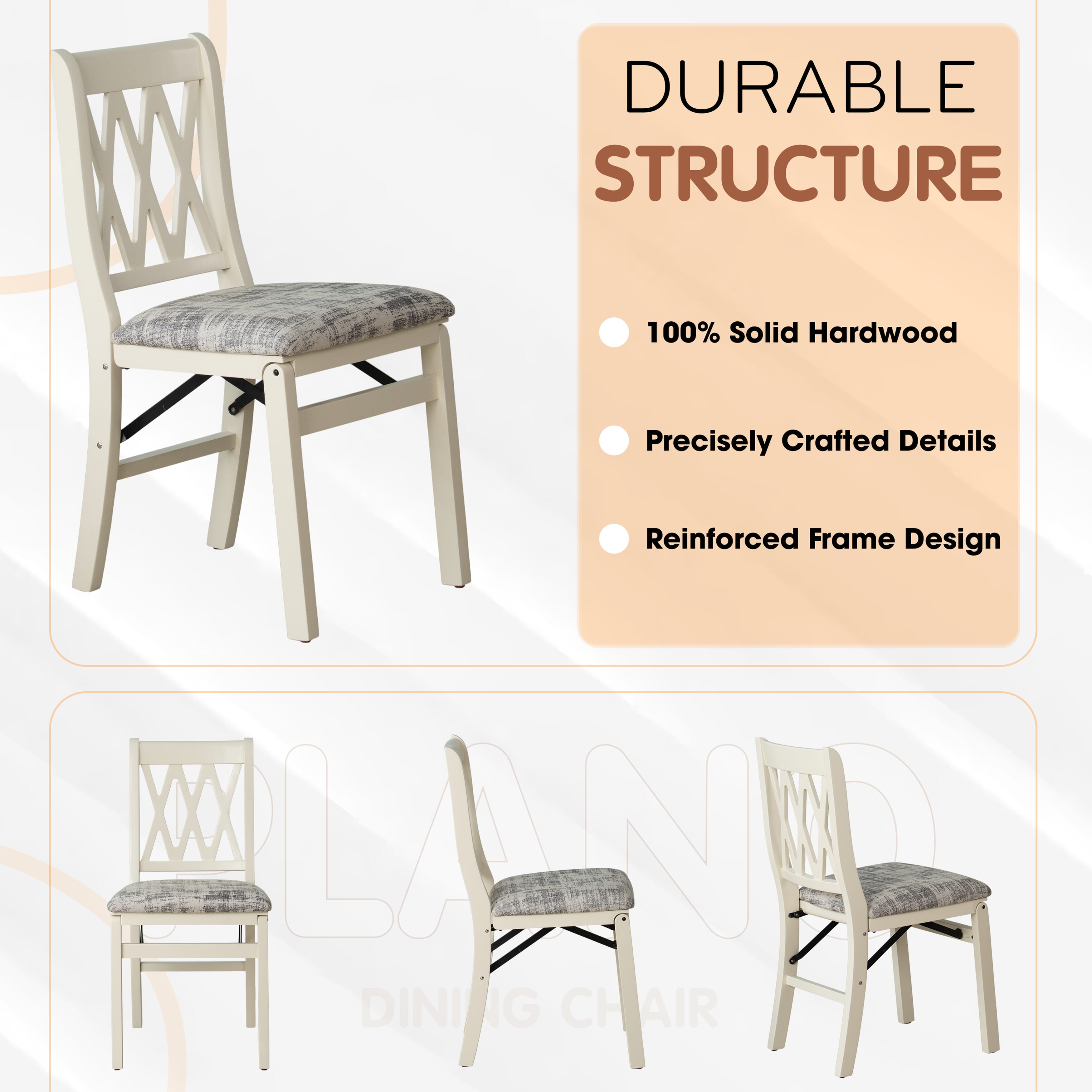 East West Furniture - PNC-LWH-30– Plano Folding Kitchen Chairs with Polyester Seat, Ready to Use, 3-X Back Design, Set of 2, Linen White Wood Finish