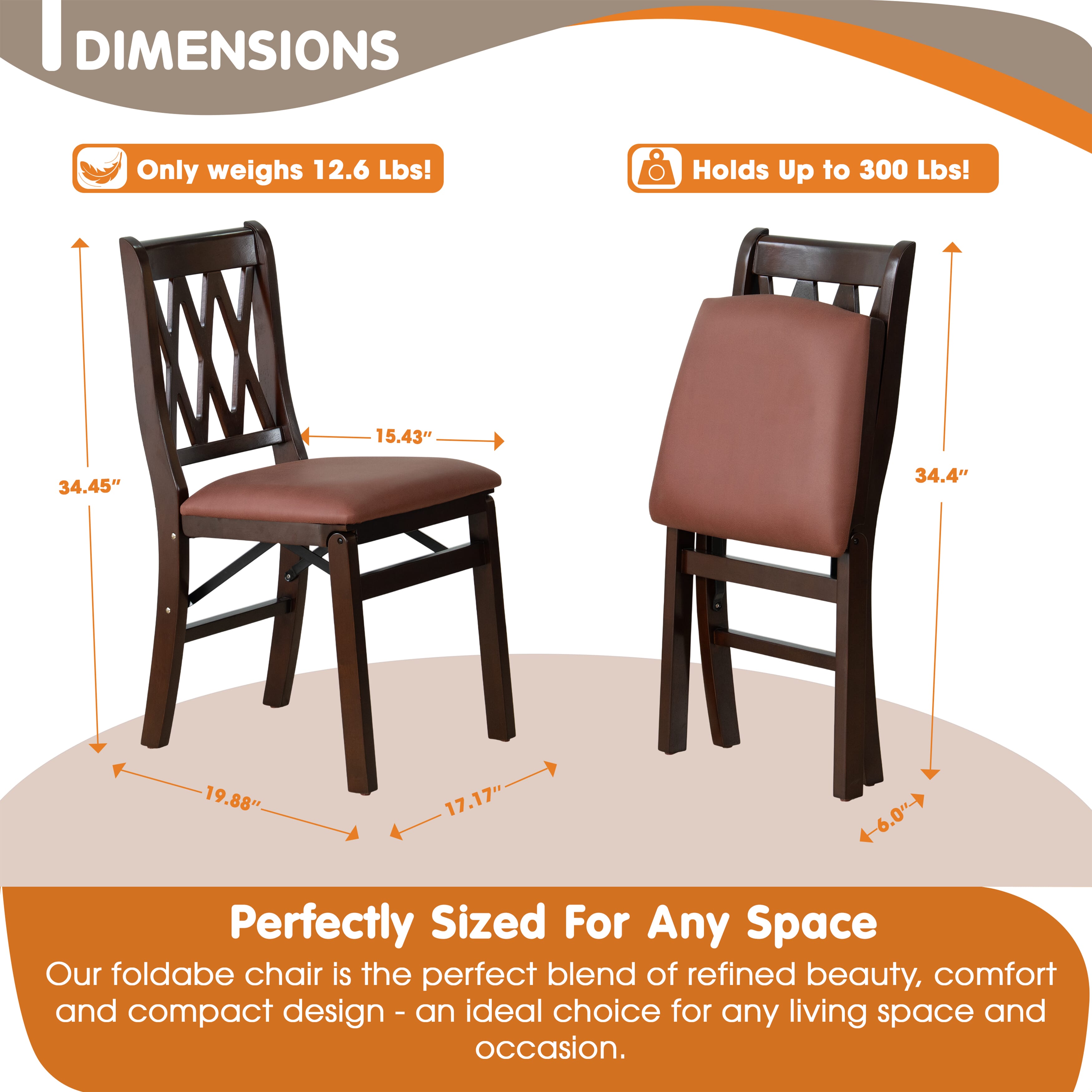 East West Furniture - PNC-MAH-26 – Plano Folding Solid Wood Dining Room Chairs with Polyester Seat, 3-X Back Design, Set of 2, No assembly needed, Mahogany Wood Finish
