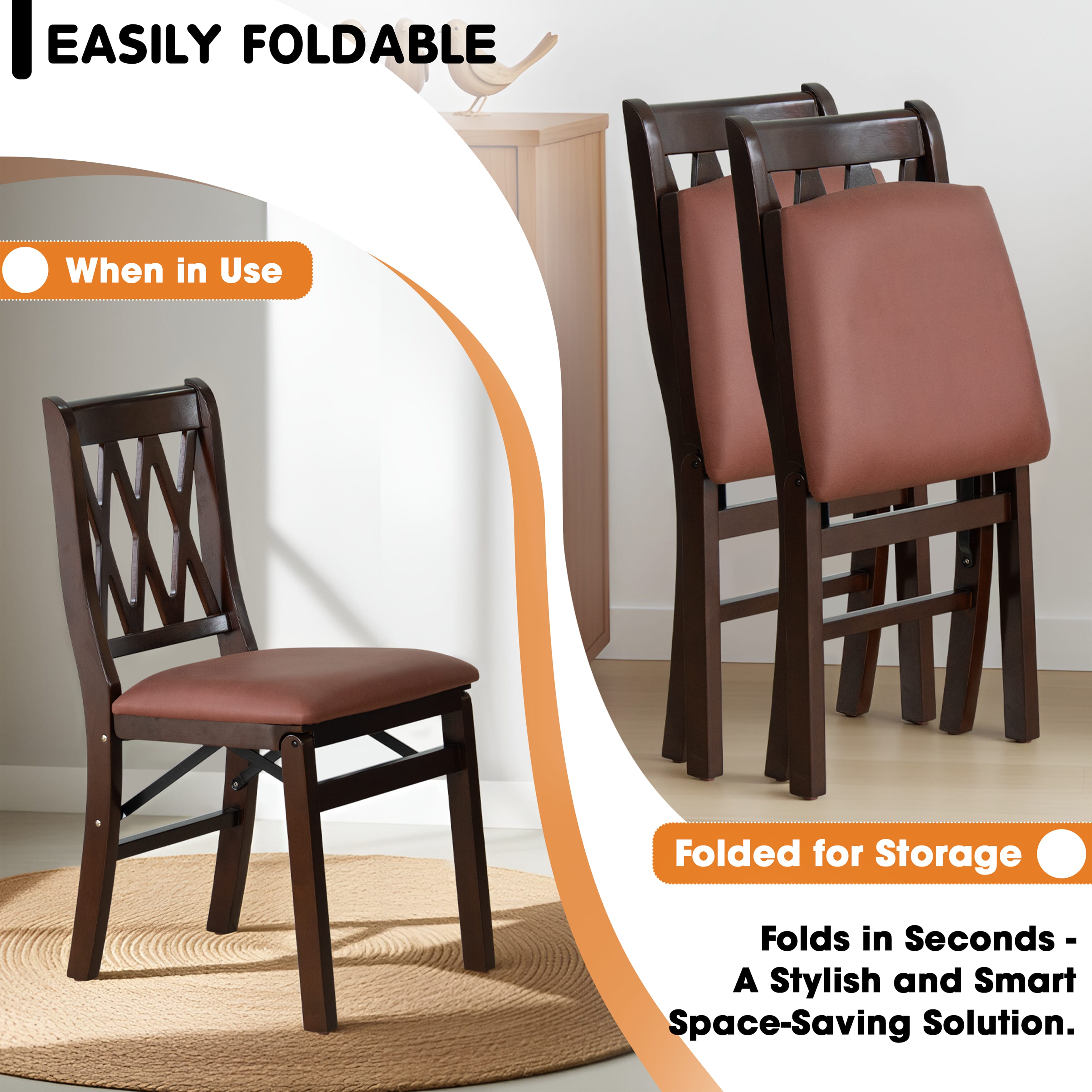 East West Furniture - PNC-MAH-26 – Plano Folding Solid Wood Dining Room Chairs with Polyester Seat, 3-X Back Design, Set of 2, No assembly needed, Mahogany Wood Finish
