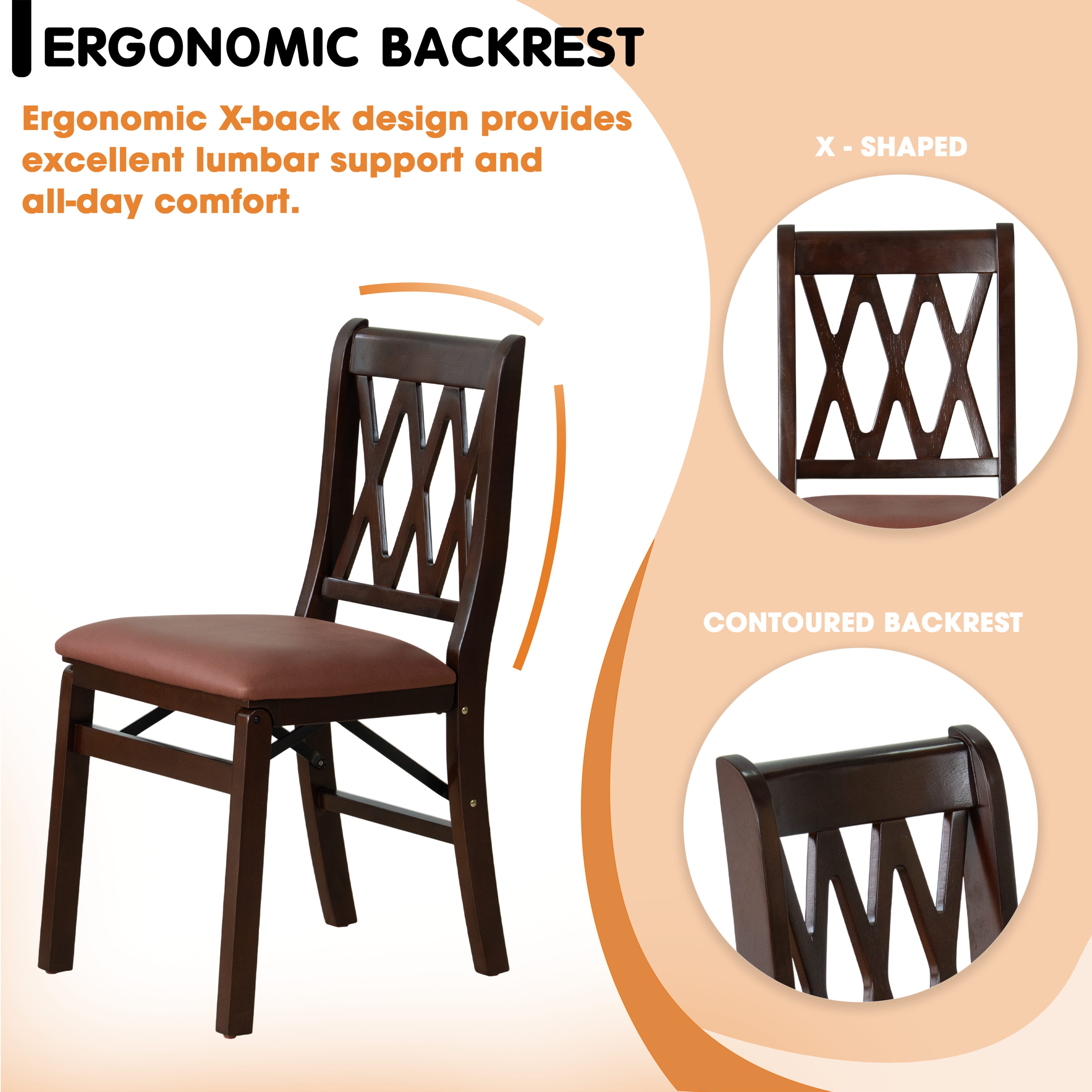 East West Furniture - PNC-MAH-26 – Plano Folding Solid Wood Dining Room Chairs with Polyester Seat, 3-X Back Design, Set of 2, No assembly needed, Mahogany Wood Finish