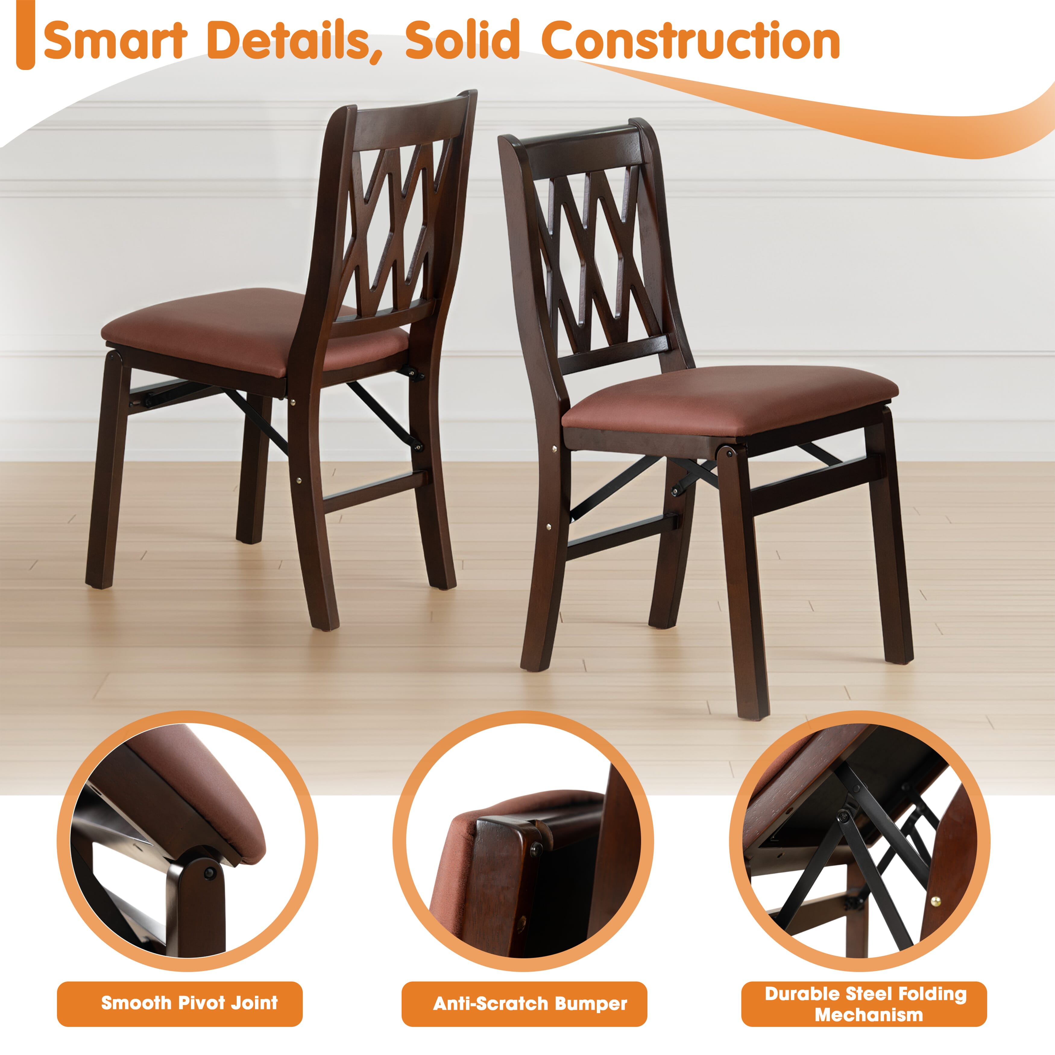 East West Furniture - PNC-MAH-26 – Plano Folding Solid Wood Dining Room Chairs with Polyester Seat, 3-X Back Design, Set of 2, No assembly needed, Mahogany Wood Finish