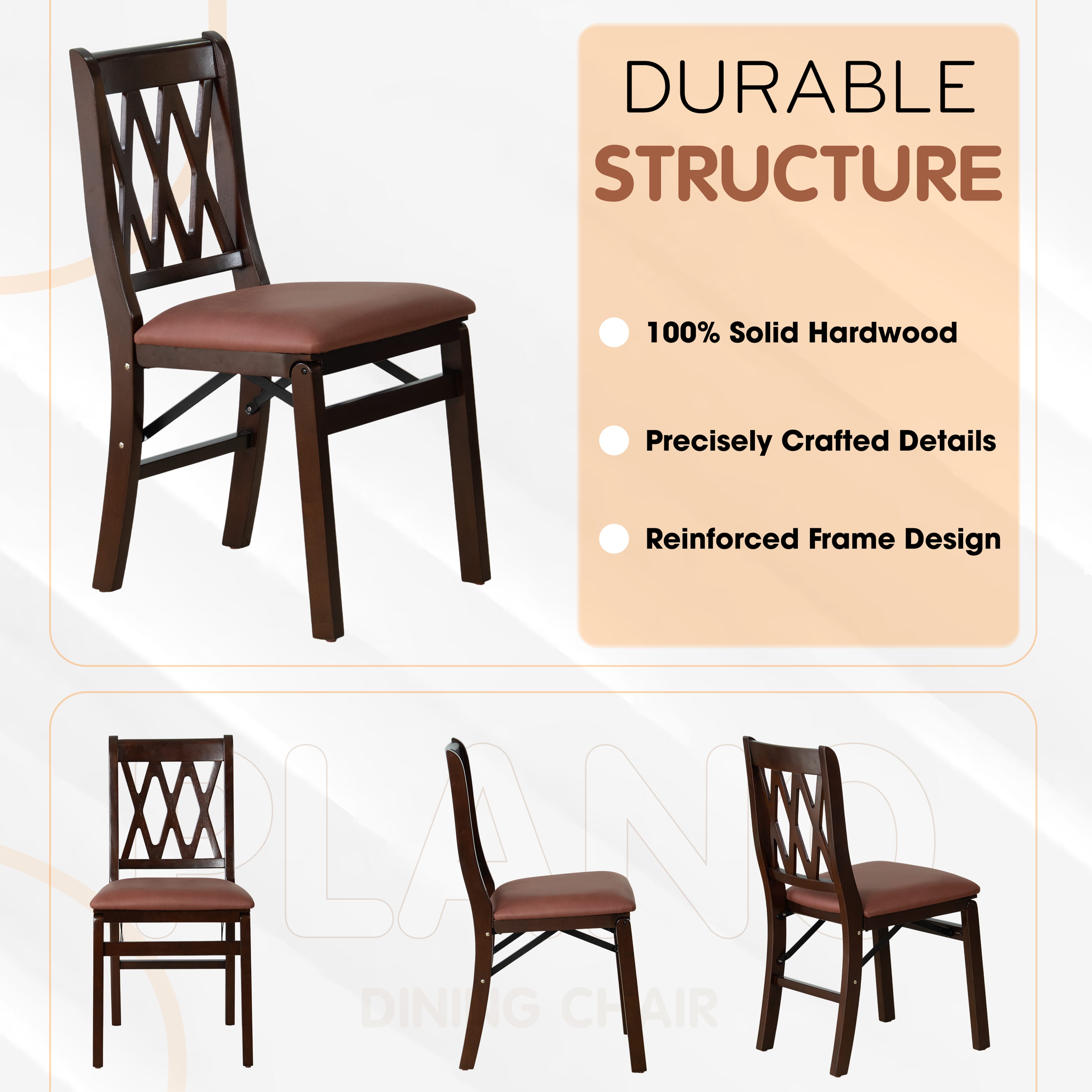 East West Furniture - PNC-MAH-26 – Plano Folding Solid Wood Dining Room Chairs with Polyester Seat, 3-X Back Design, Set of 2, No assembly needed, Mahogany Wood Finish