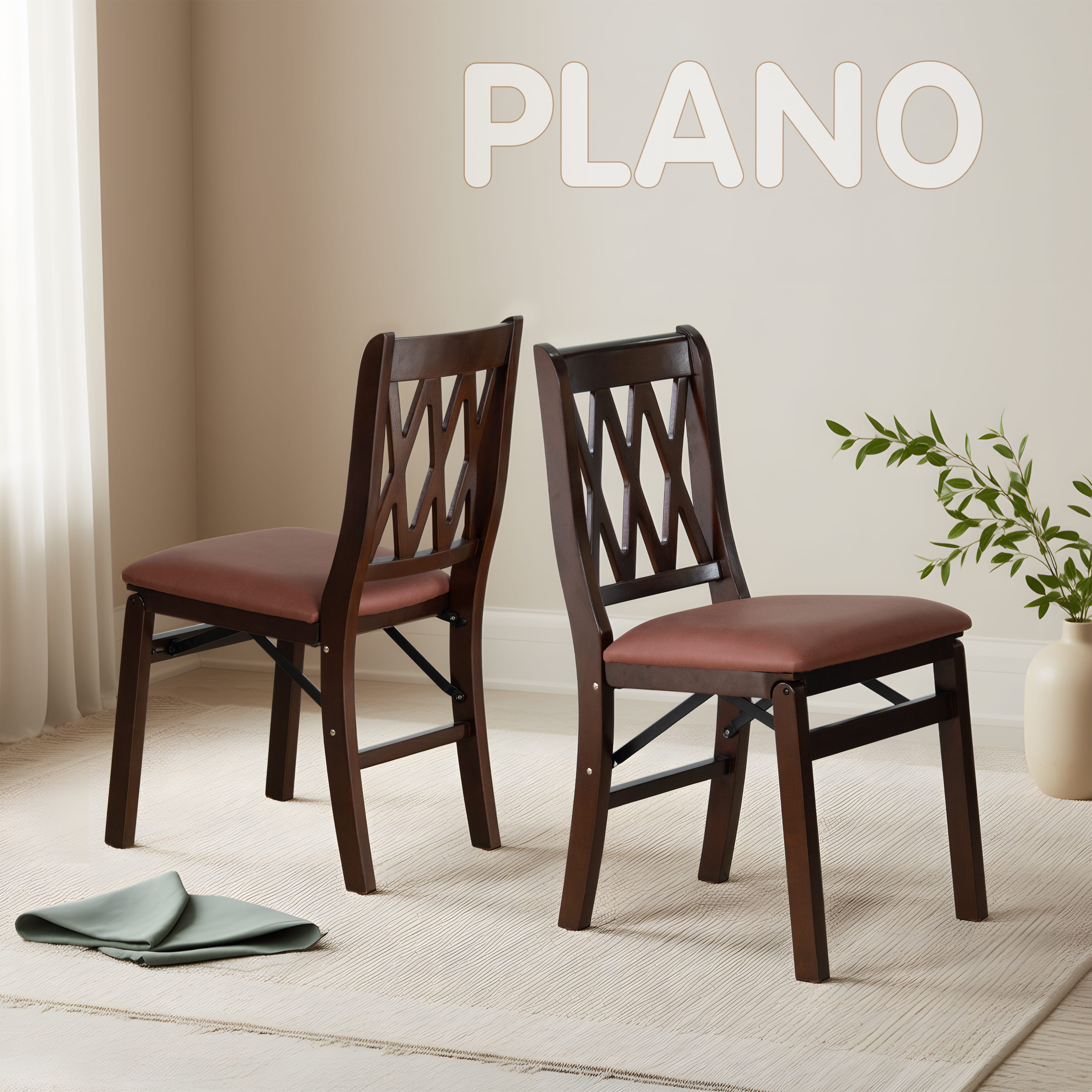 East West Furniture - PNC-MAH-26 – Plano Folding Solid Wood Dining Room Chairs with Polyester Seat, 3-X Back Design, Set of 2, No assembly needed, Mahogany Wood Finish