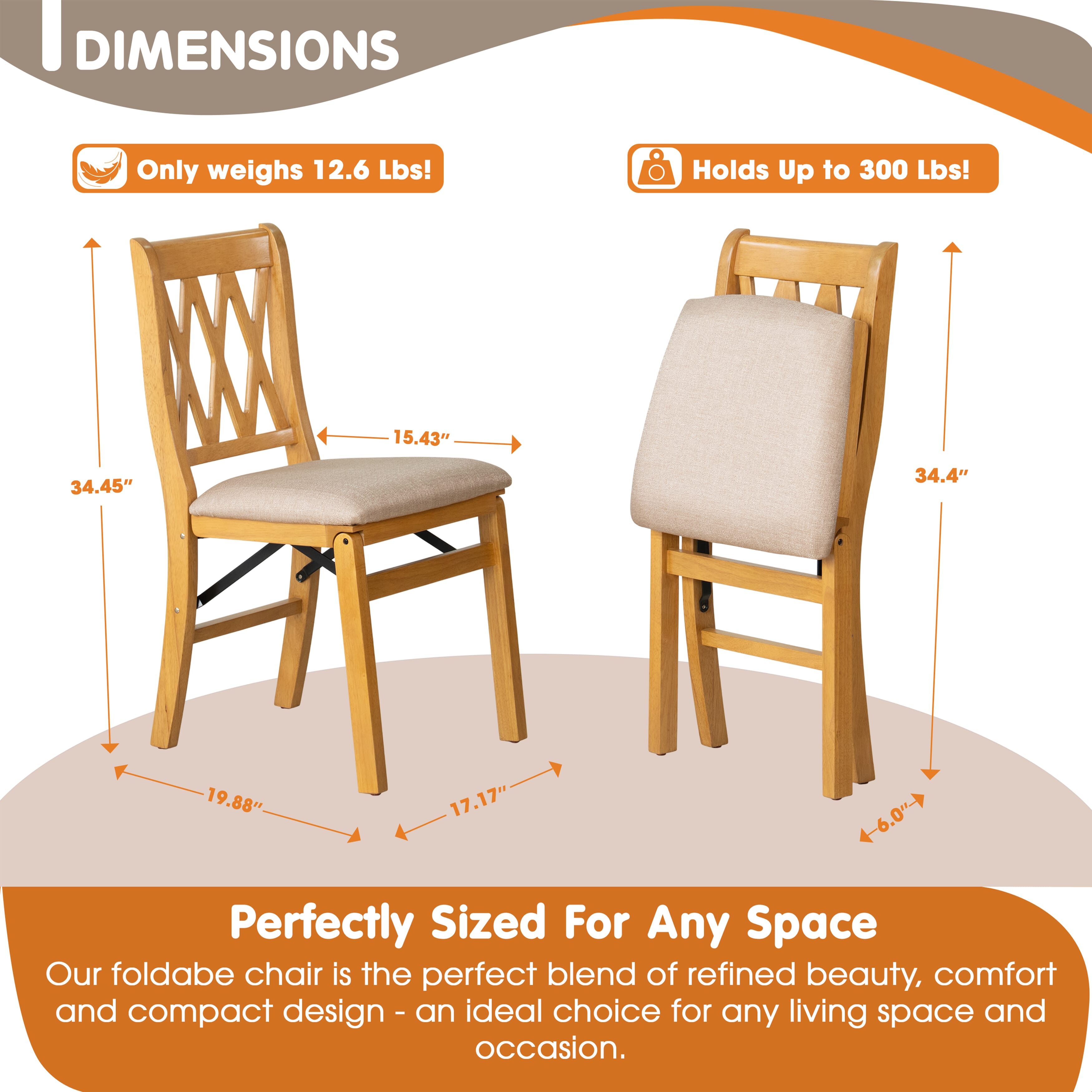 East West Furniture - PNC-OAK-03, A Solid Wood Plano Folding Dining Room Chairs with Polyester Seat, 3-X Back Design, No Assembly Required, Set of 2, Oak Wood Finish