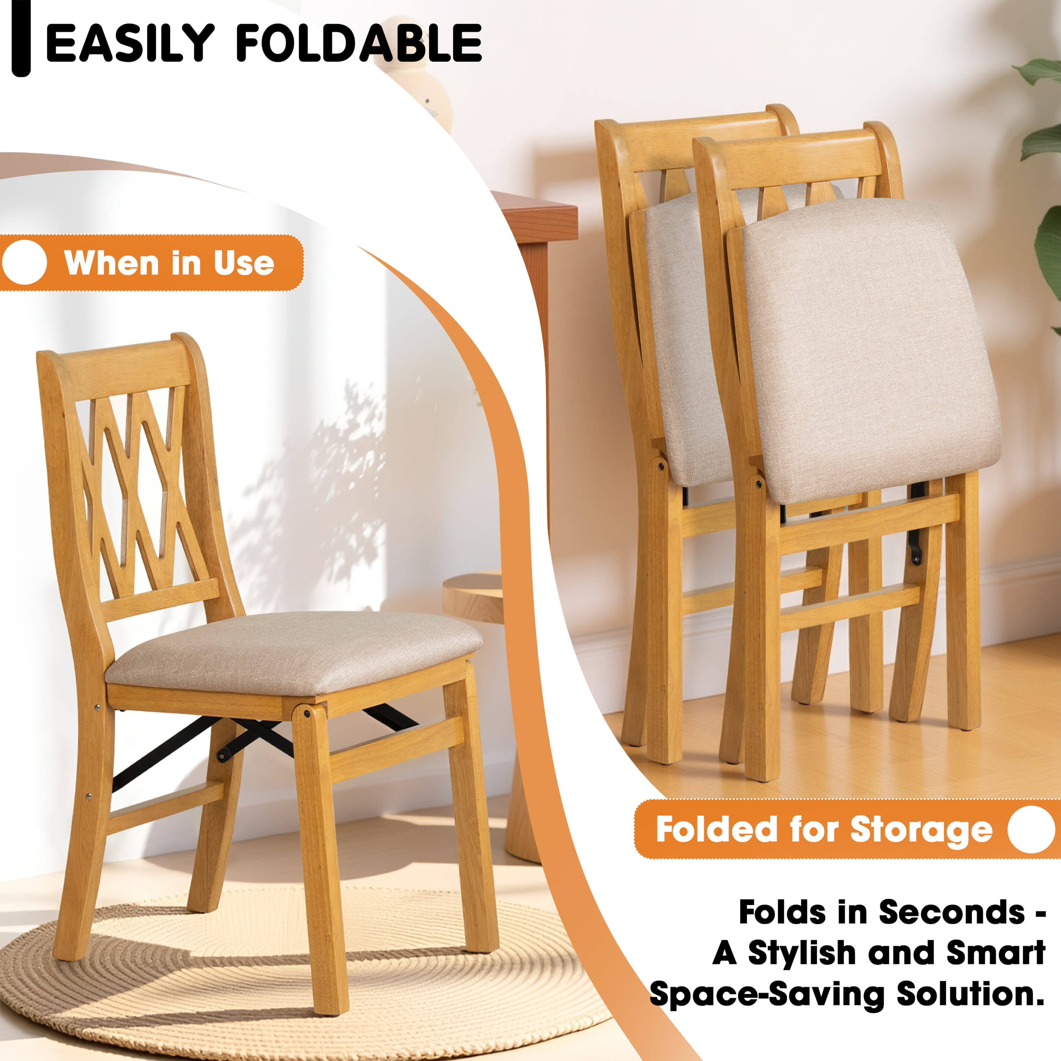 East West Furniture - PNC-OAK-03, A Solid Wood Plano Folding Dining Room Chairs with Polyester Seat, 3-X Back Design, No Assembly Required, Set of 2, Oak Wood Finish