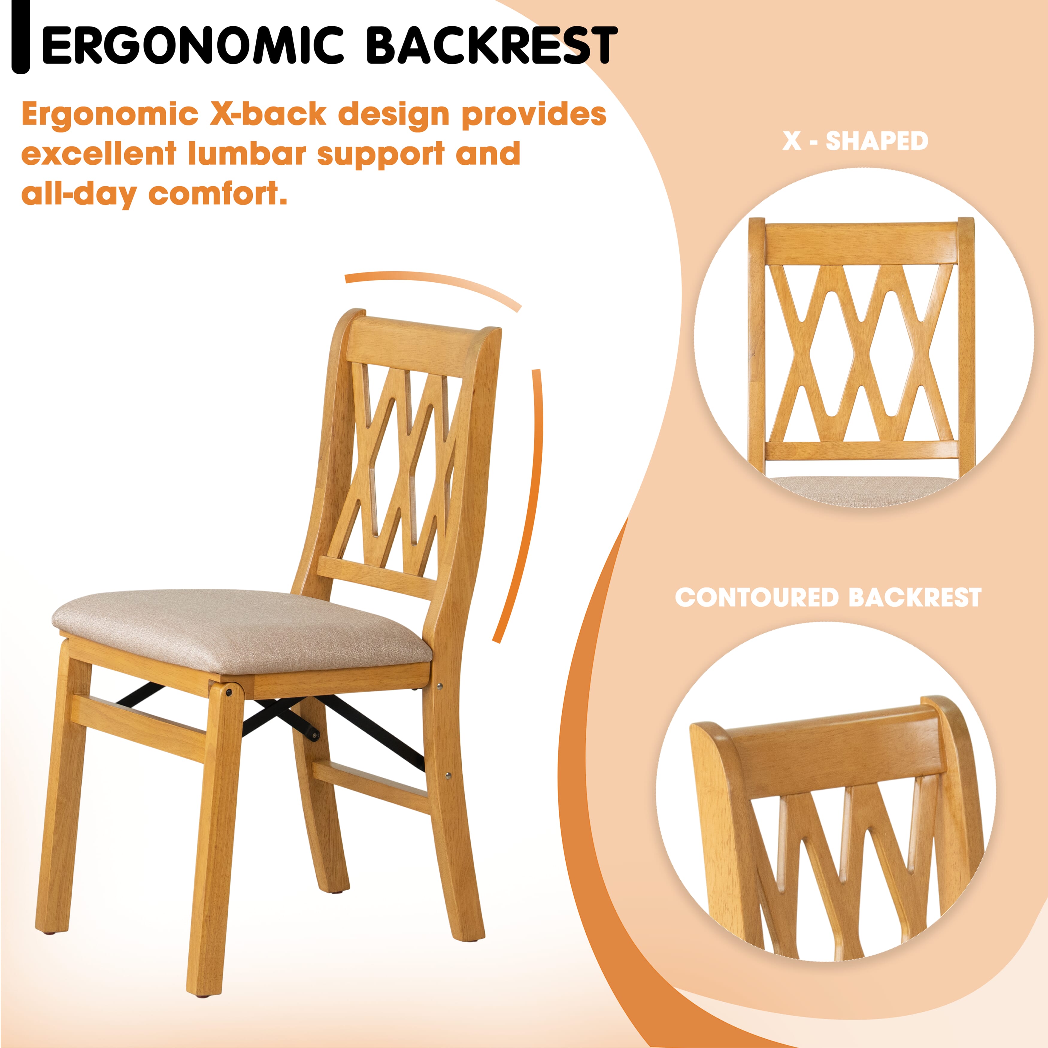 East West Furniture - PNC-OAK-03, A Solid Wood Plano Folding Dining Room Chairs with Polyester Seat, 3-X Back Design, No Assembly Required, Set of 2, Oak Wood Finish