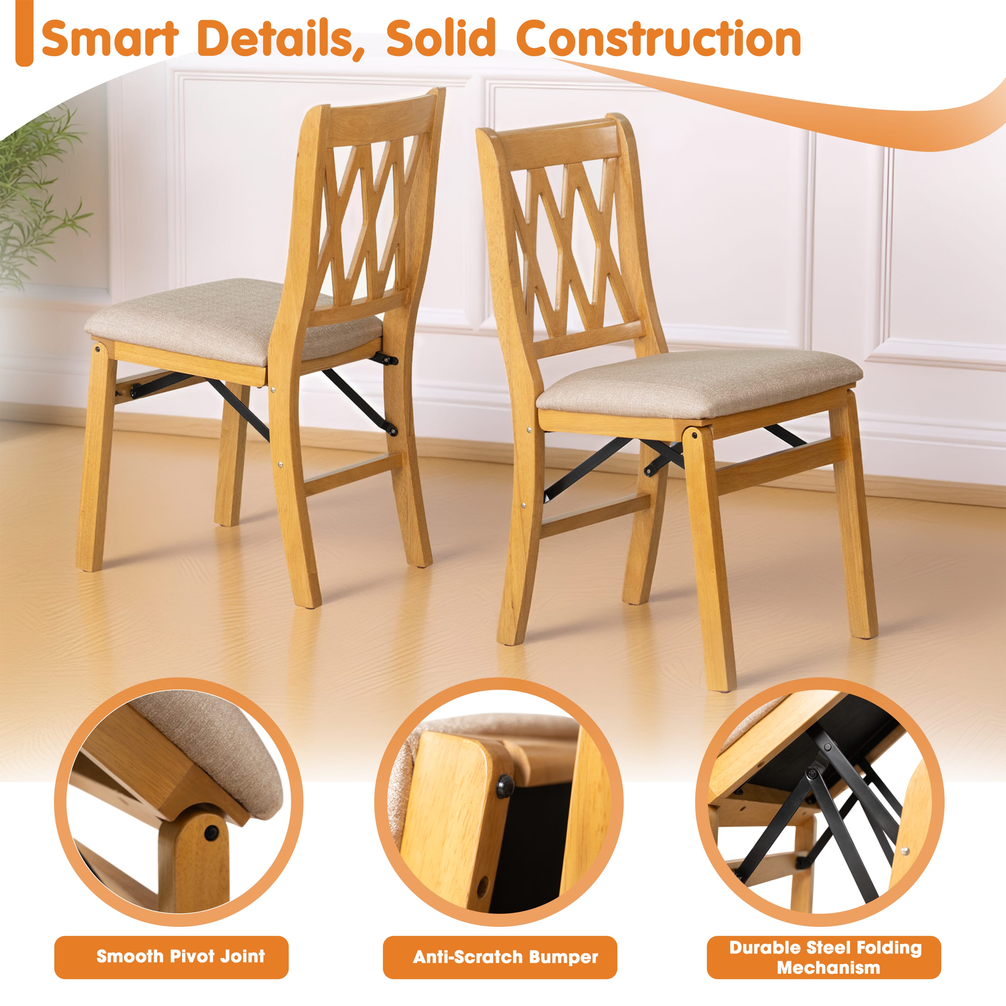East West Furniture - PNC-OAK-03, A Solid Wood Plano Folding Dining Room Chairs with Polyester Seat, 3-X Back Design, No Assembly Required, Set of 2, Oak Wood Finish