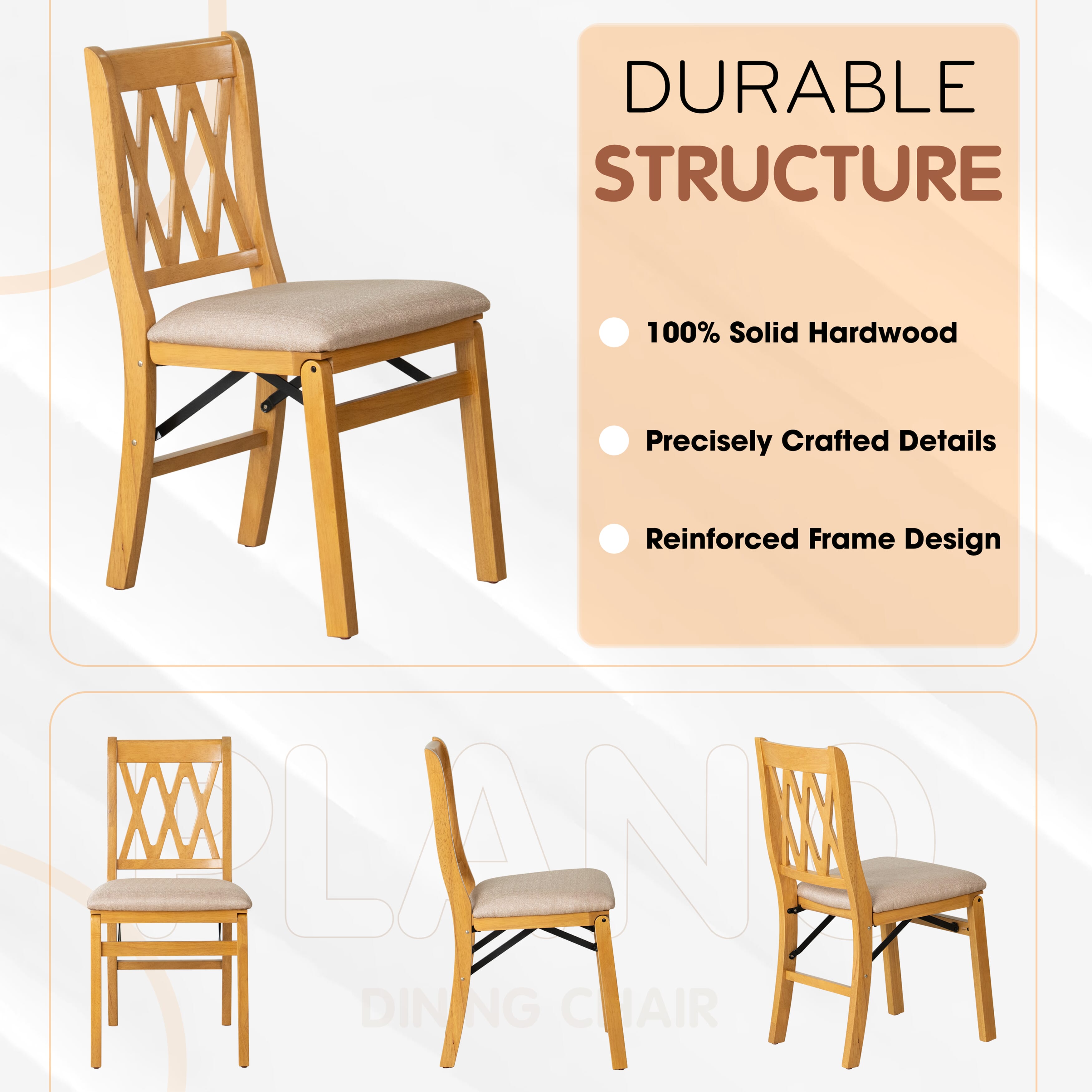 East West Furniture - PNC-OAK-03, A Solid Wood Plano Folding Dining Room Chairs with Polyester Seat, 3-X Back Design, No Assembly Required, Set of 2, Oak Wood Finish