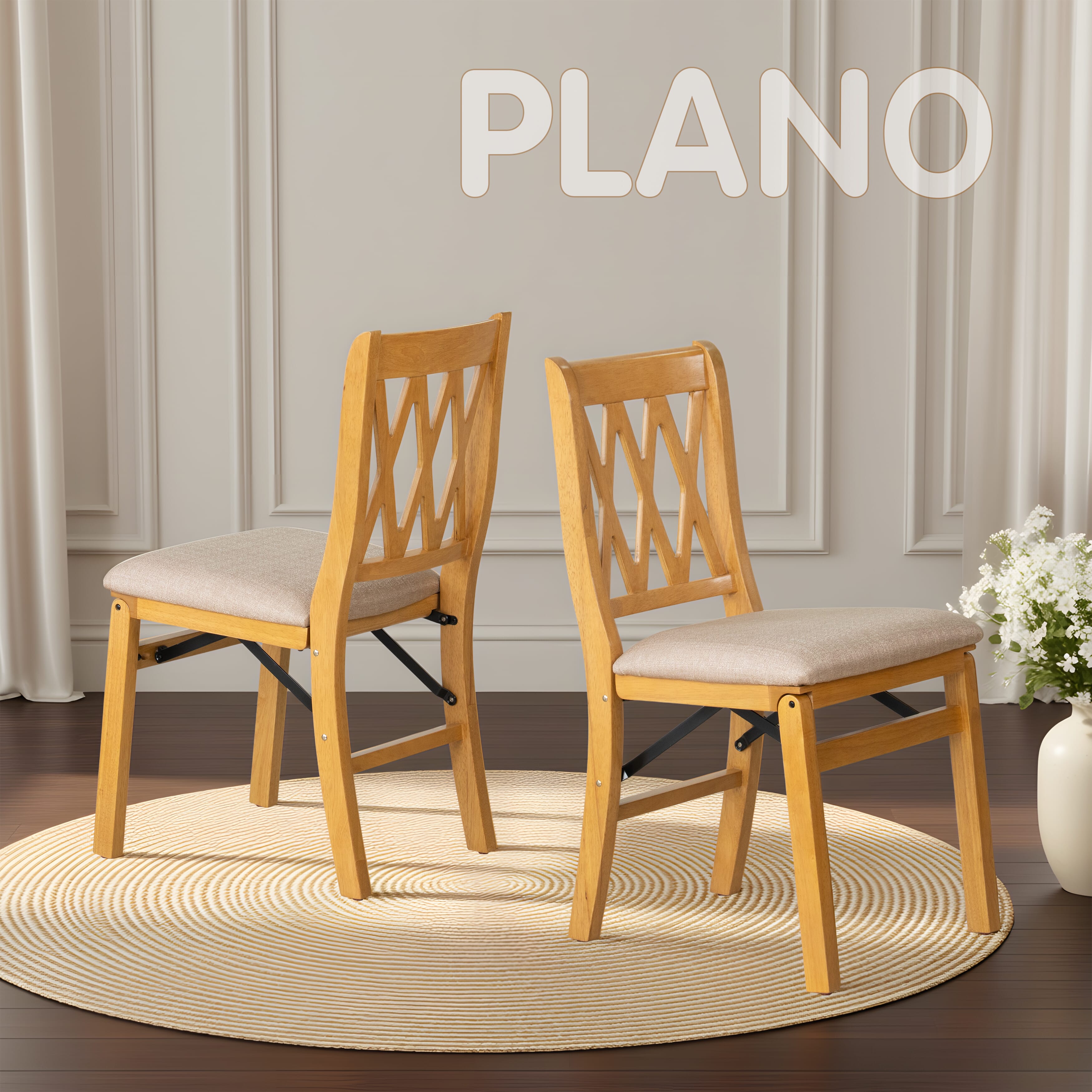East West Furniture - PNC-OAK-03, A Solid Wood Plano Folding Dining Room Chairs with Polyester Seat, 3-X Back Design, No Assembly Required, Set of 2, Oak Wood Finish