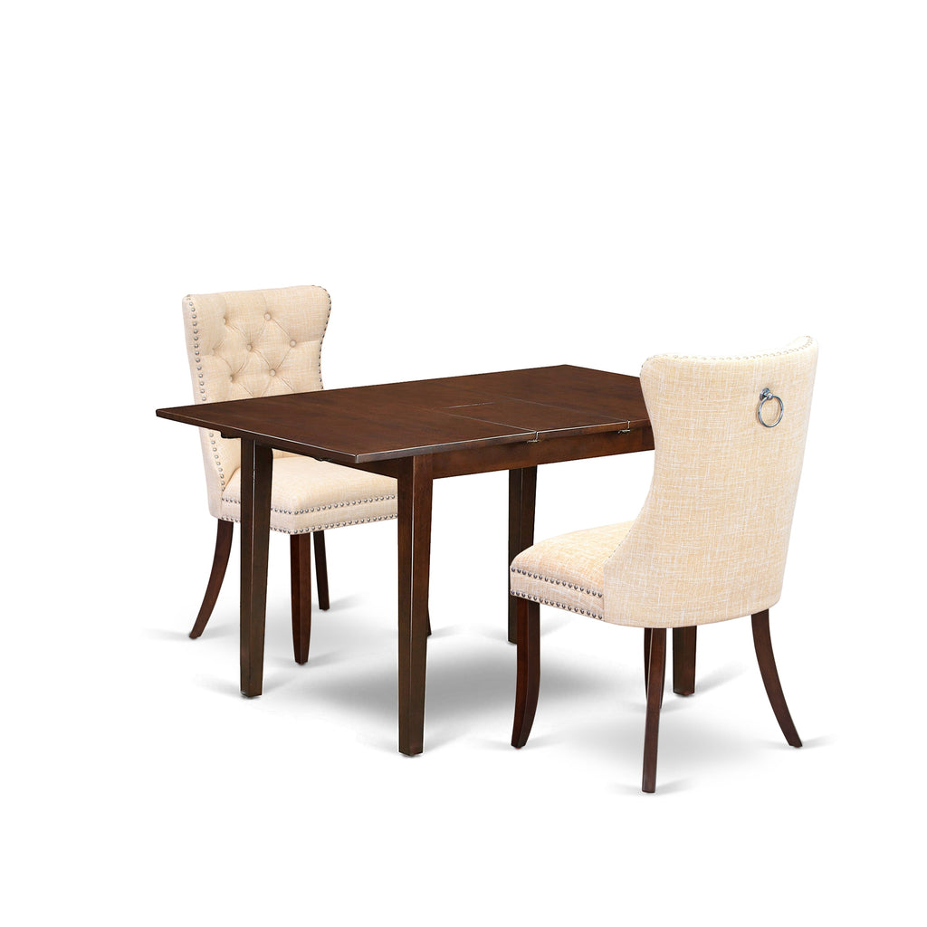 East West Furniture PSDA3-MAH-32 3 Piece Kitchen Set Consists of a Rectangle Dining Table with Removable leaf and 2 Upholstered Chairs, 32x60 Inch, Mahogany