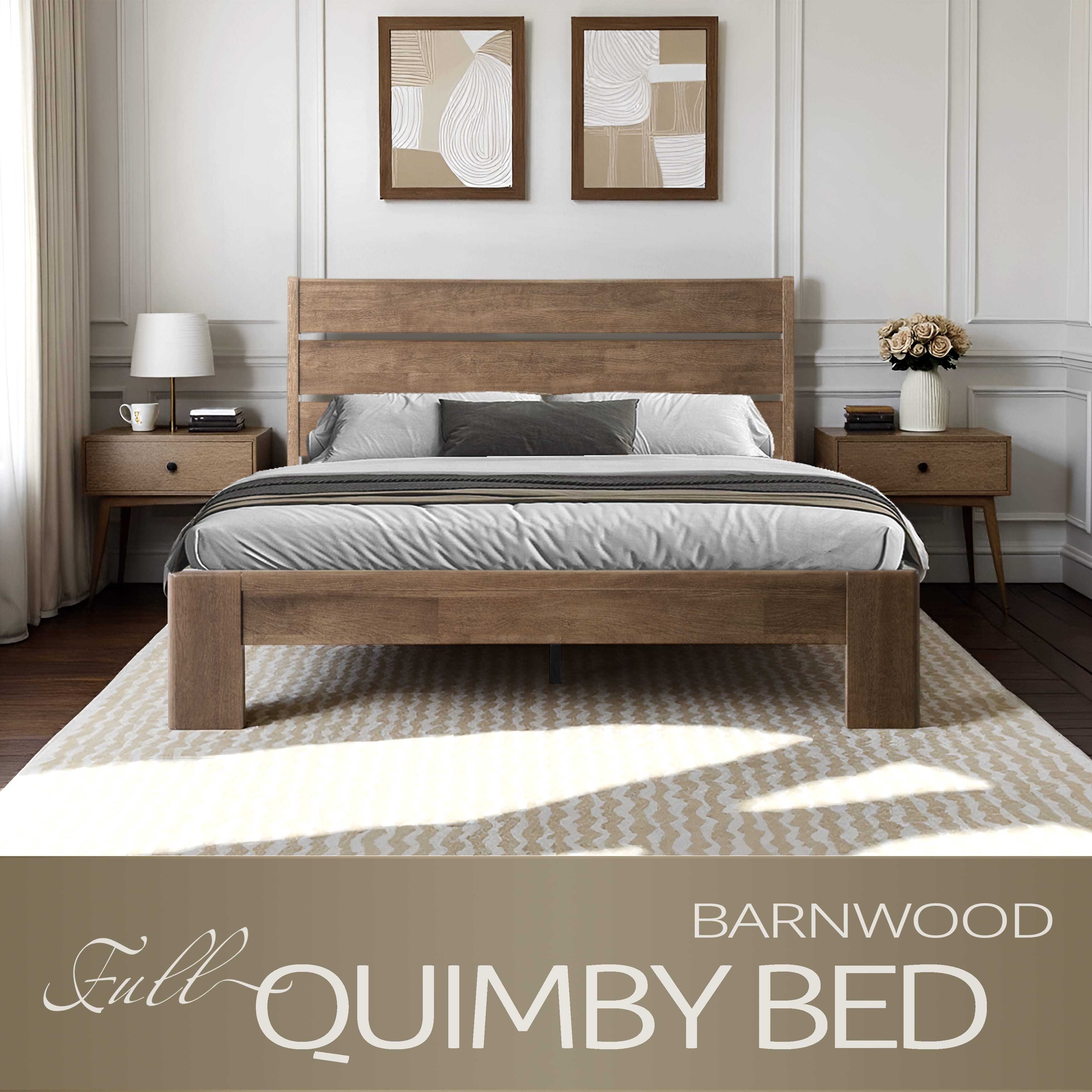 Full Size Solid Wood Platform Bed Frame, Headboard & Footboard, 12 Heavy-Duty Slatted Design, Center Metal Legs, Easy Assembly, No Box Spring Needed, Anti-Noise & Slip-Free, Barnwood Finish, QIF-30