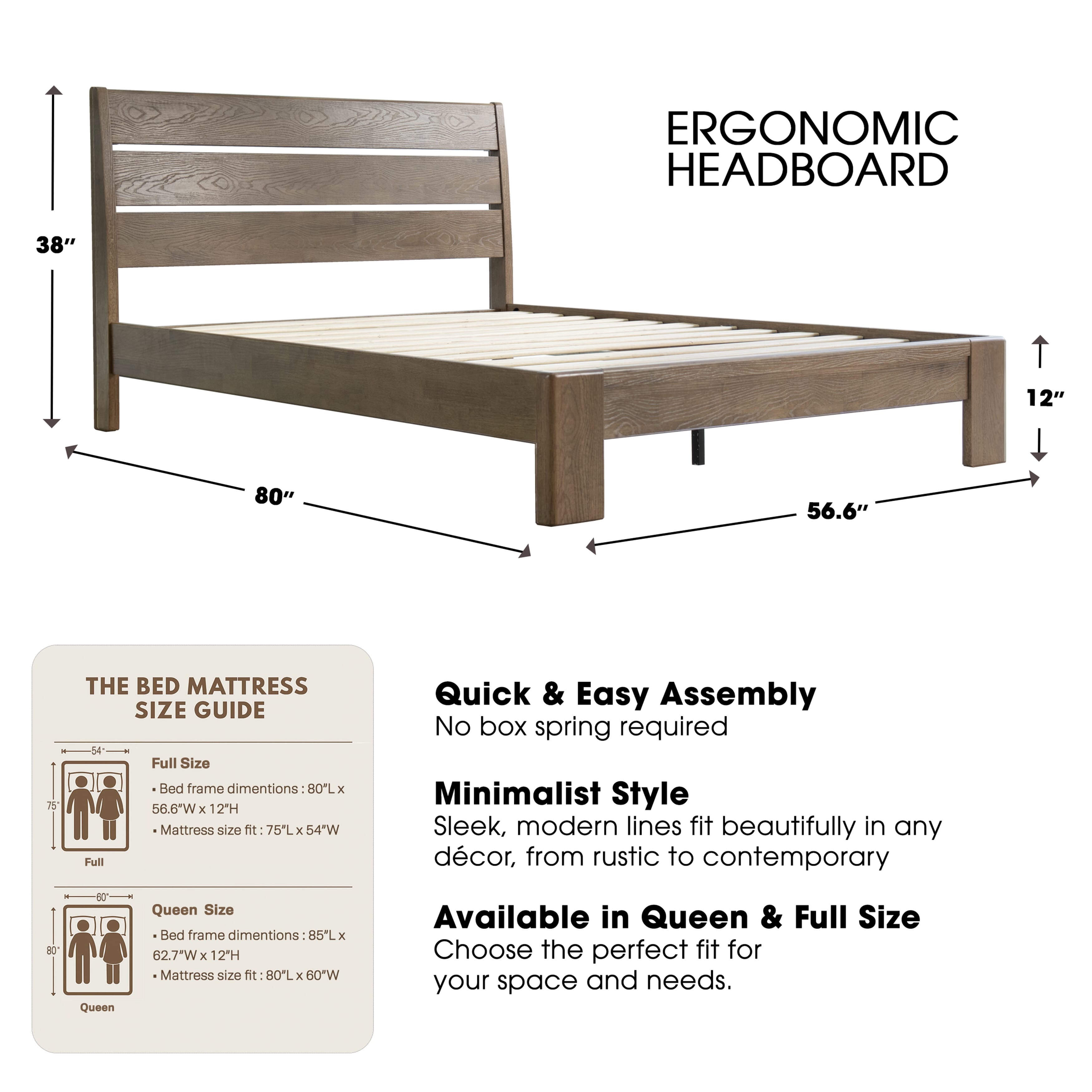 Full Size Solid Wood Platform Bed Frame, Headboard & Footboard, 12 Heavy-Duty Slatted Design, Center Metal Legs, Easy Assembly, No Box Spring Needed, Anti-Noise & Slip-Free, Barnwood Finish, QIF-30