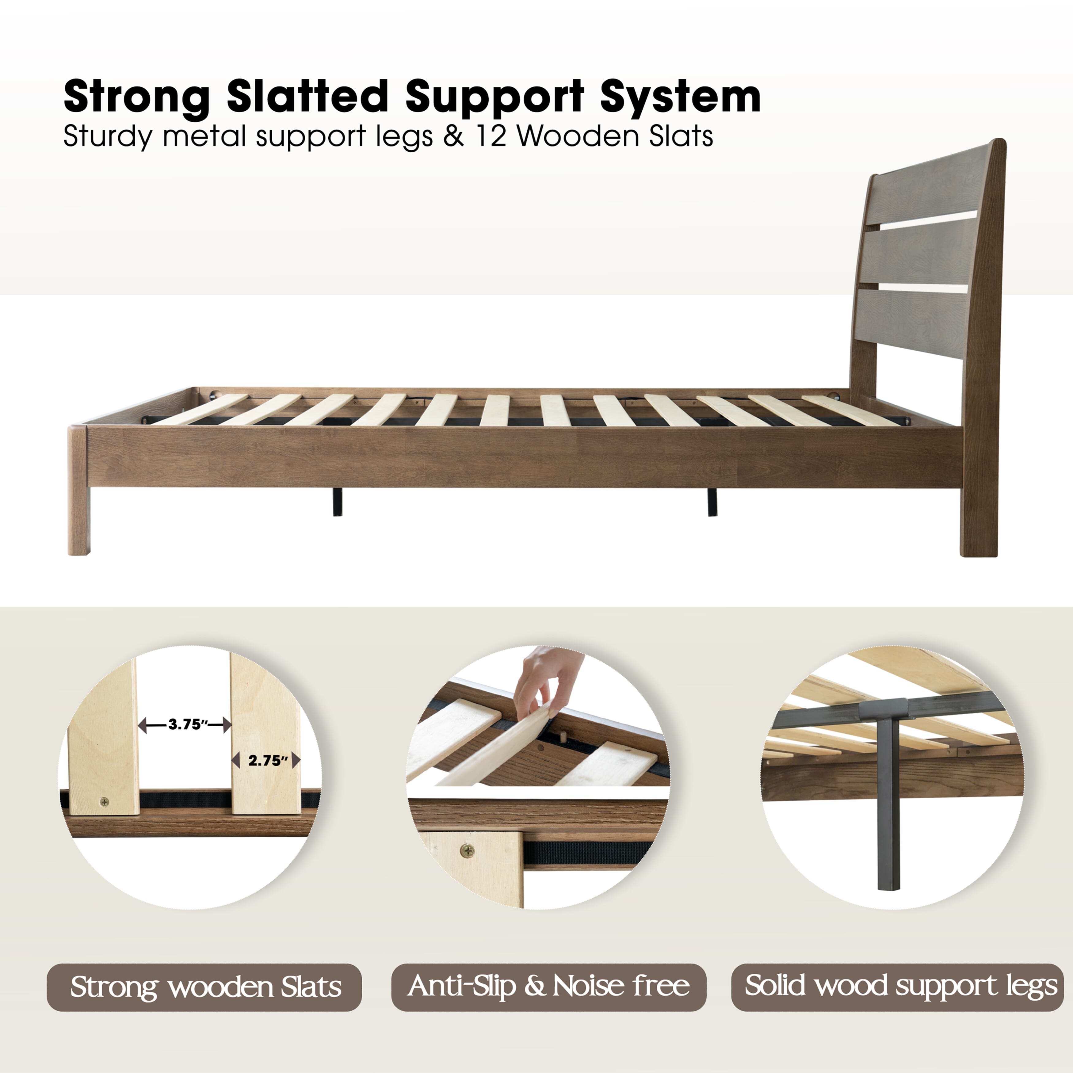 Full Size Solid Wood Platform Bed Frame, Headboard & Footboard, 12 Heavy-Duty Slatted Design, Center Metal Legs, Easy Assembly, No Box Spring Needed, Anti-Noise & Slip-Free, Barnwood Finish, QIF-30