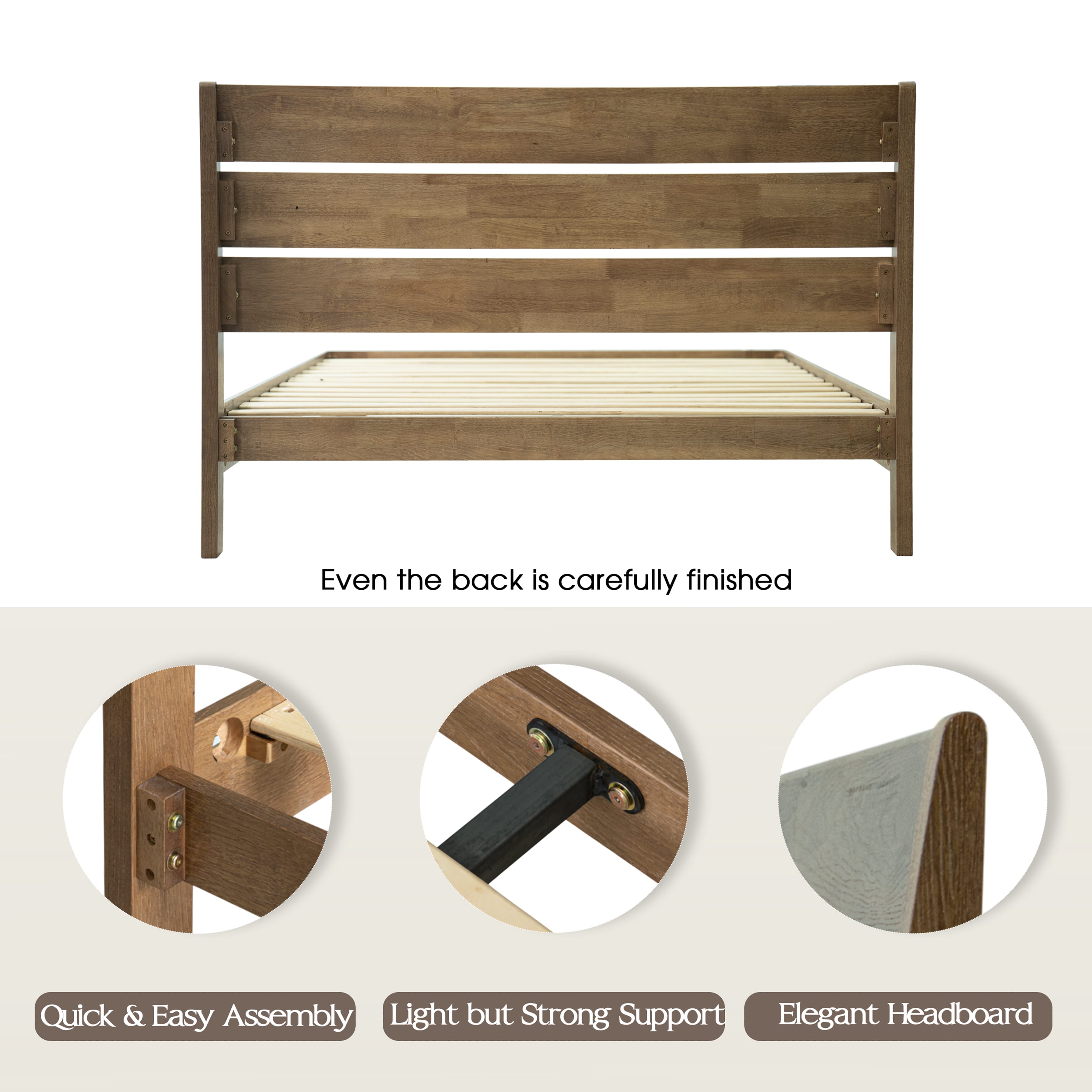 Full Size Solid Wood Platform Bed Frame, Headboard & Footboard, 12 Heavy-Duty Slatted Design, Center Metal Legs, Easy Assembly, No Box Spring Needed, Anti-Noise & Slip-Free, Barnwood Finish, QIF-30