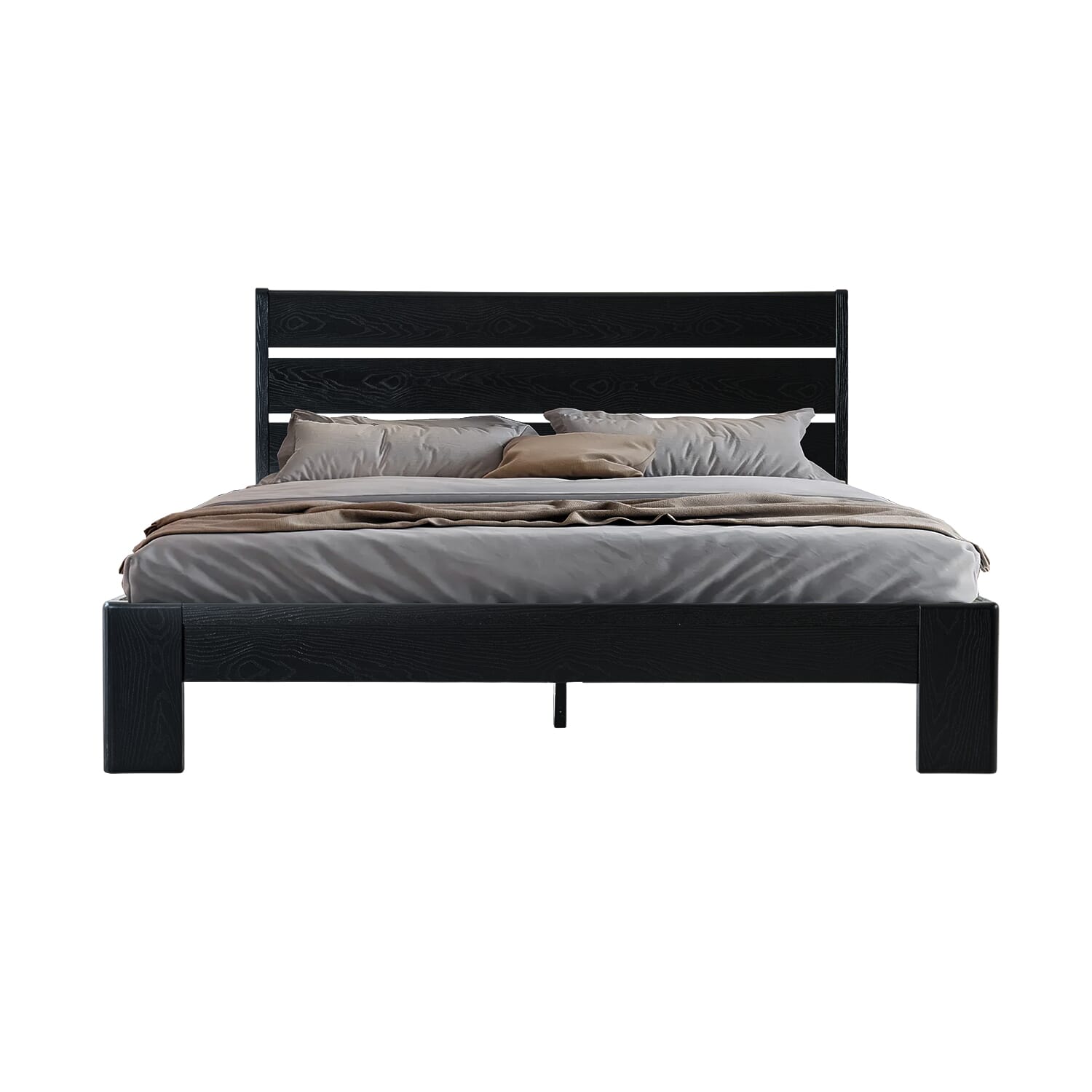 Full Size Bed Frame, Solid Wood Platform Bed with Headboard & Footboard, 12 Heavy-Duty Slatted Structure, Metal Legs, No Box Spring Needed, Anti-Slip & Noise-Free, Ebony Oak Finish, QIF-35