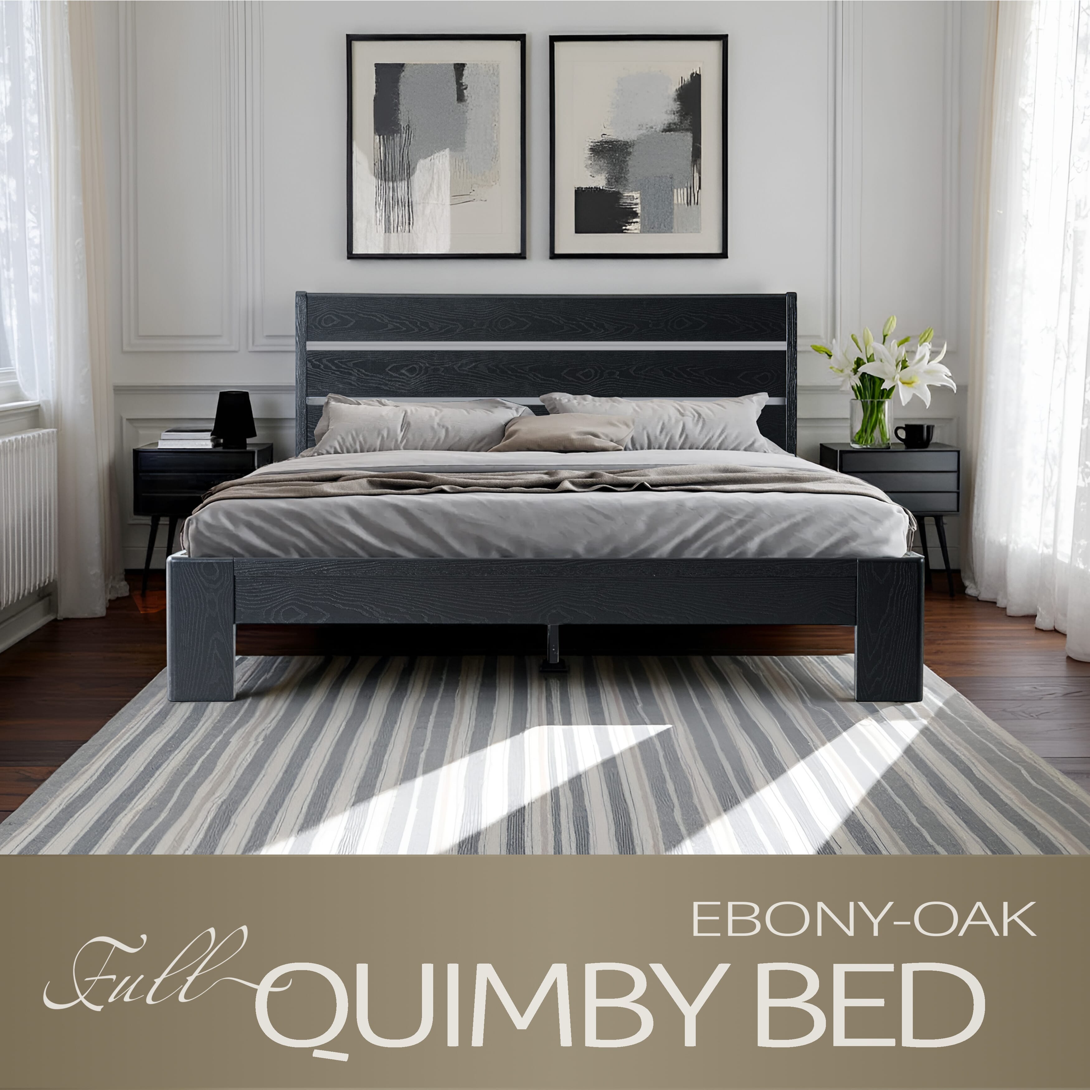 Full Size Bed Frame, Solid Wood Platform Bed with Headboard & Footboard, 12 Heavy-Duty Slatted Structure, Metal Legs, No Box Spring Needed, Anti-Slip & Noise-Free, Ebony Oak Finish, QIF-35