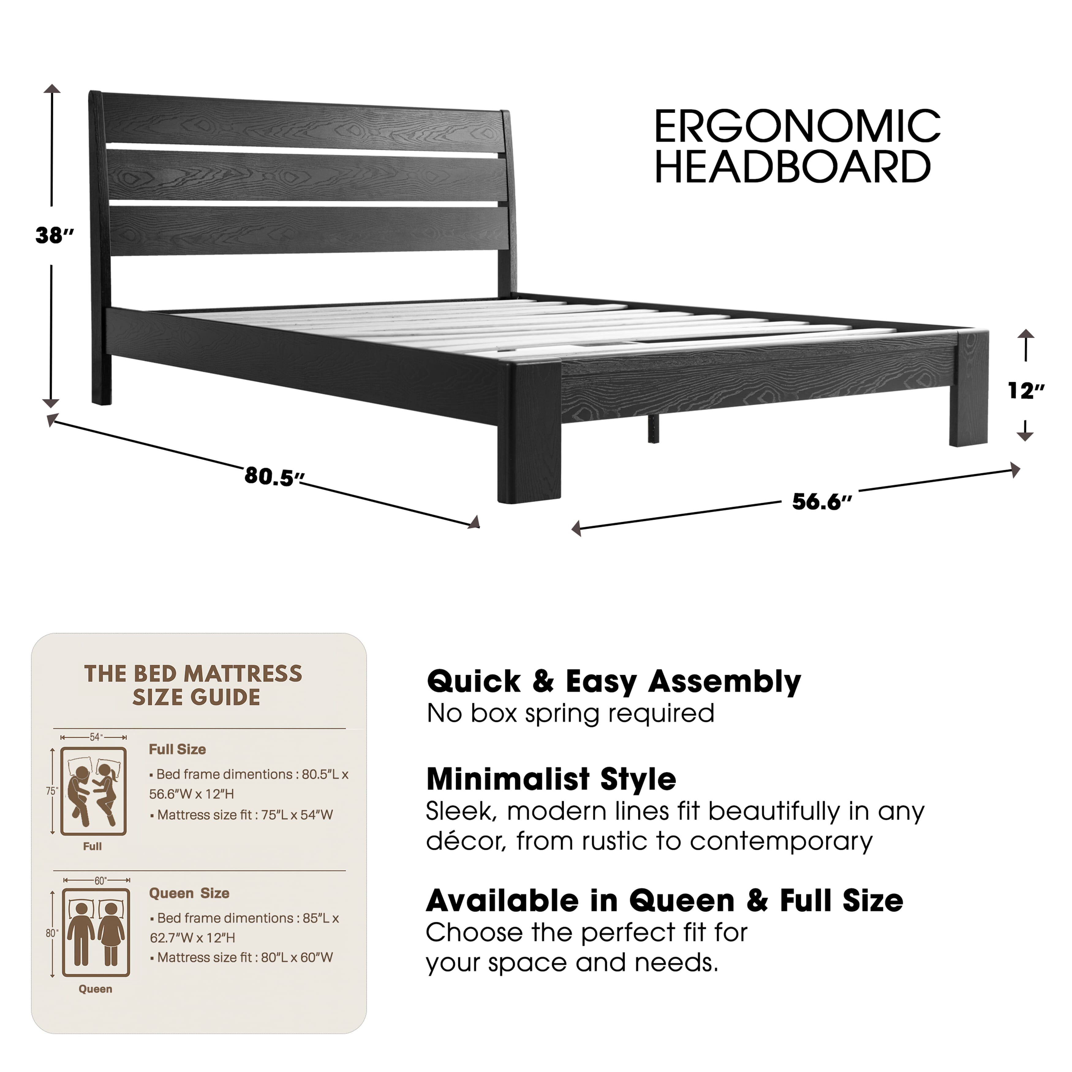 Full Size Bed Frame, Solid Wood Platform Bed with Headboard & Footboard, 12 Heavy-Duty Slatted Structure, Metal Legs, No Box Spring Needed, Anti-Slip & Noise-Free, Ebony Oak Finish, QIF-35