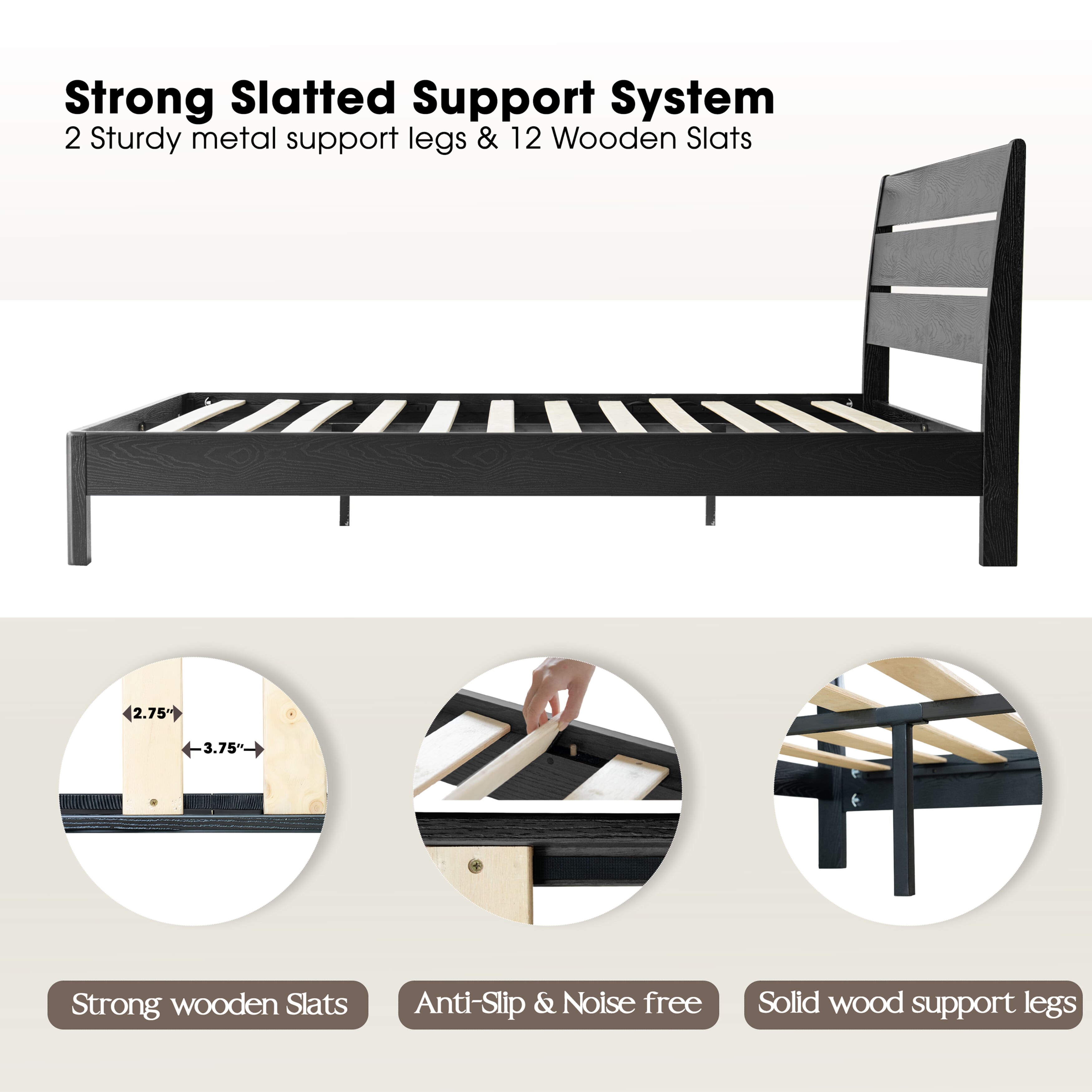 Full Size Bed Frame, Solid Wood Platform Bed with Headboard & Footboard, 12 Heavy-Duty Slatted Structure, Metal Legs, No Box Spring Needed, Anti-Slip & Noise-Free, Ebony Oak Finish, QIF-35