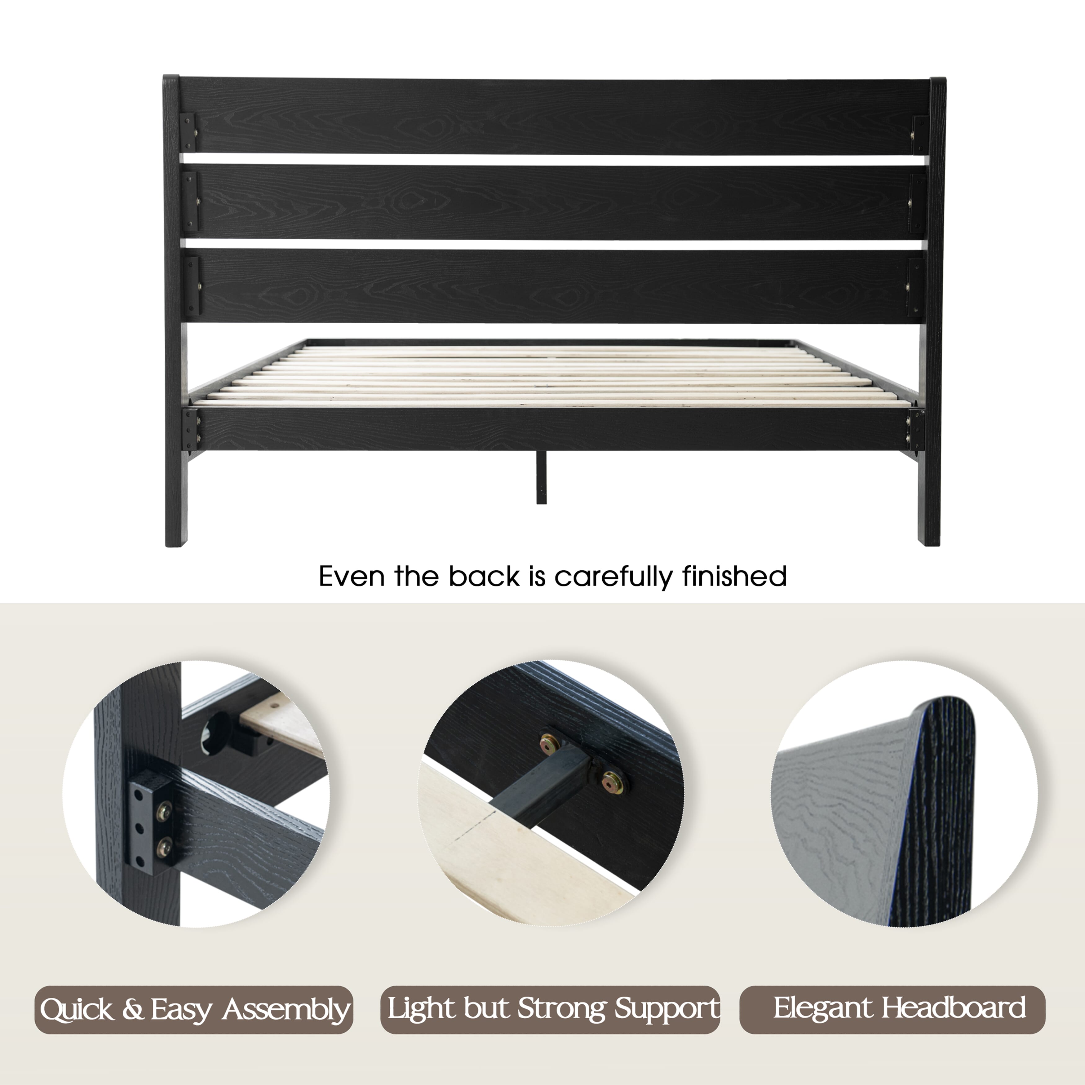 Full Size Bed Frame, Solid Wood Platform Bed with Headboard & Footboard, 12 Heavy-Duty Slatted Structure, Metal Legs, No Box Spring Needed, Anti-Slip & Noise-Free, Ebony Oak Finish, QIF-35
