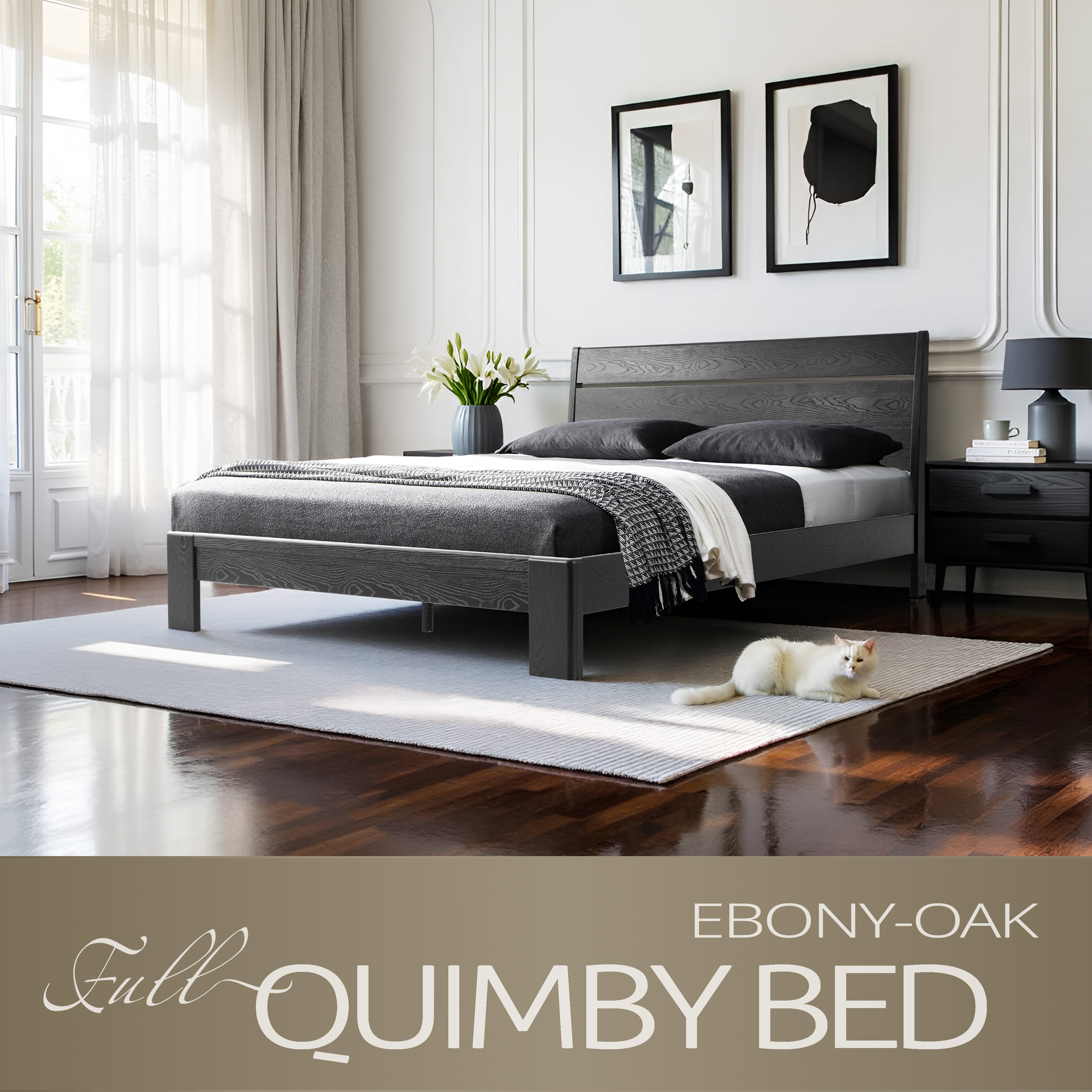Full Size Bed Frame, Solid Wood Platform Bed with Headboard & Footboard, 12 Heavy-Duty Slatted Structure, Metal Legs, No Box Spring Needed, Anti-Slip & Noise-Free, Ebony Oak Finish, QIF-35