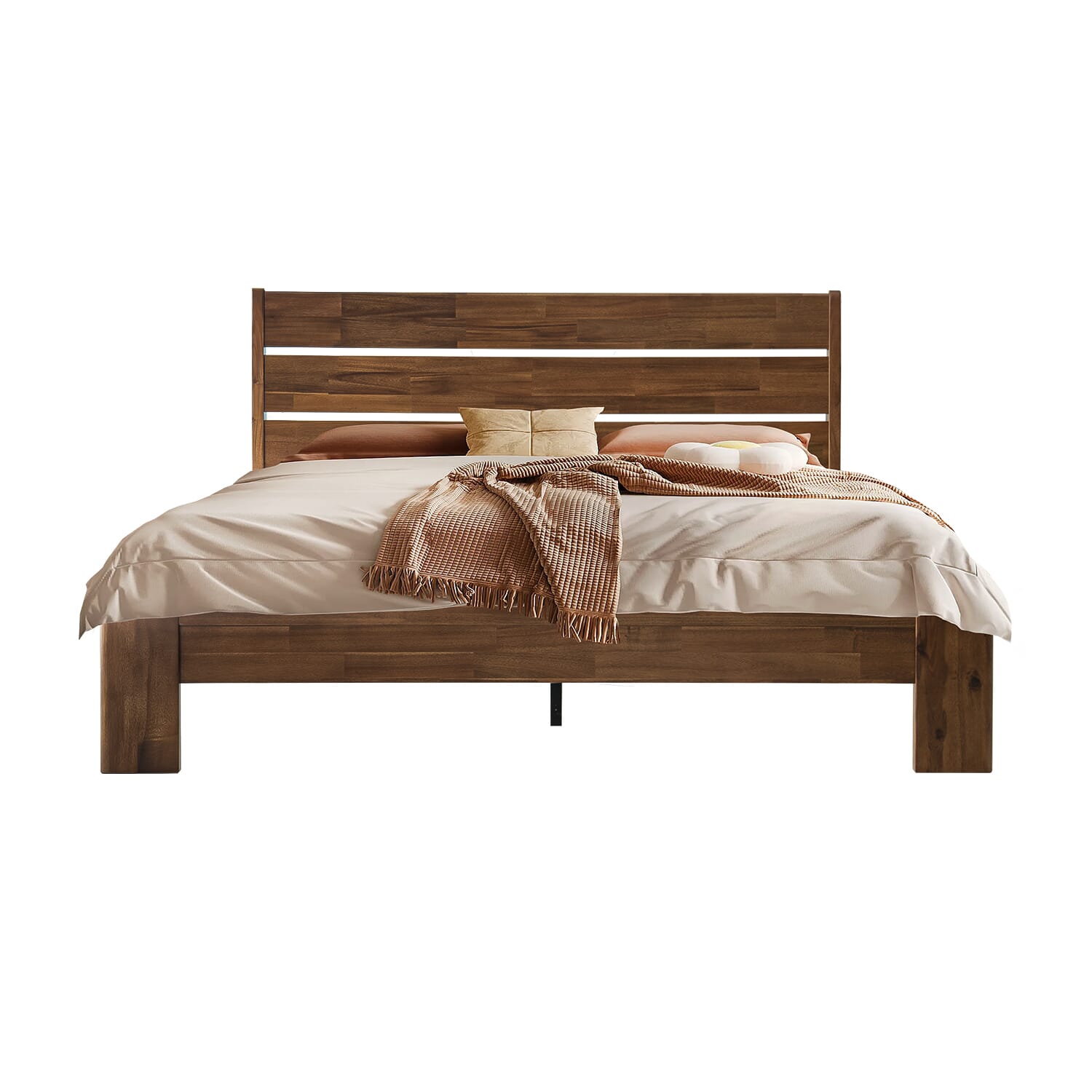 Full Size Solid Wood Platform Bed Frame with Headboard & Footboard, 12 Strong Slats Structure Center Metal Legs, Noise-Free & Anti-Slip, Easy Assembly, No Box Spring Needed, Warm Walnut Finish, QIF-37