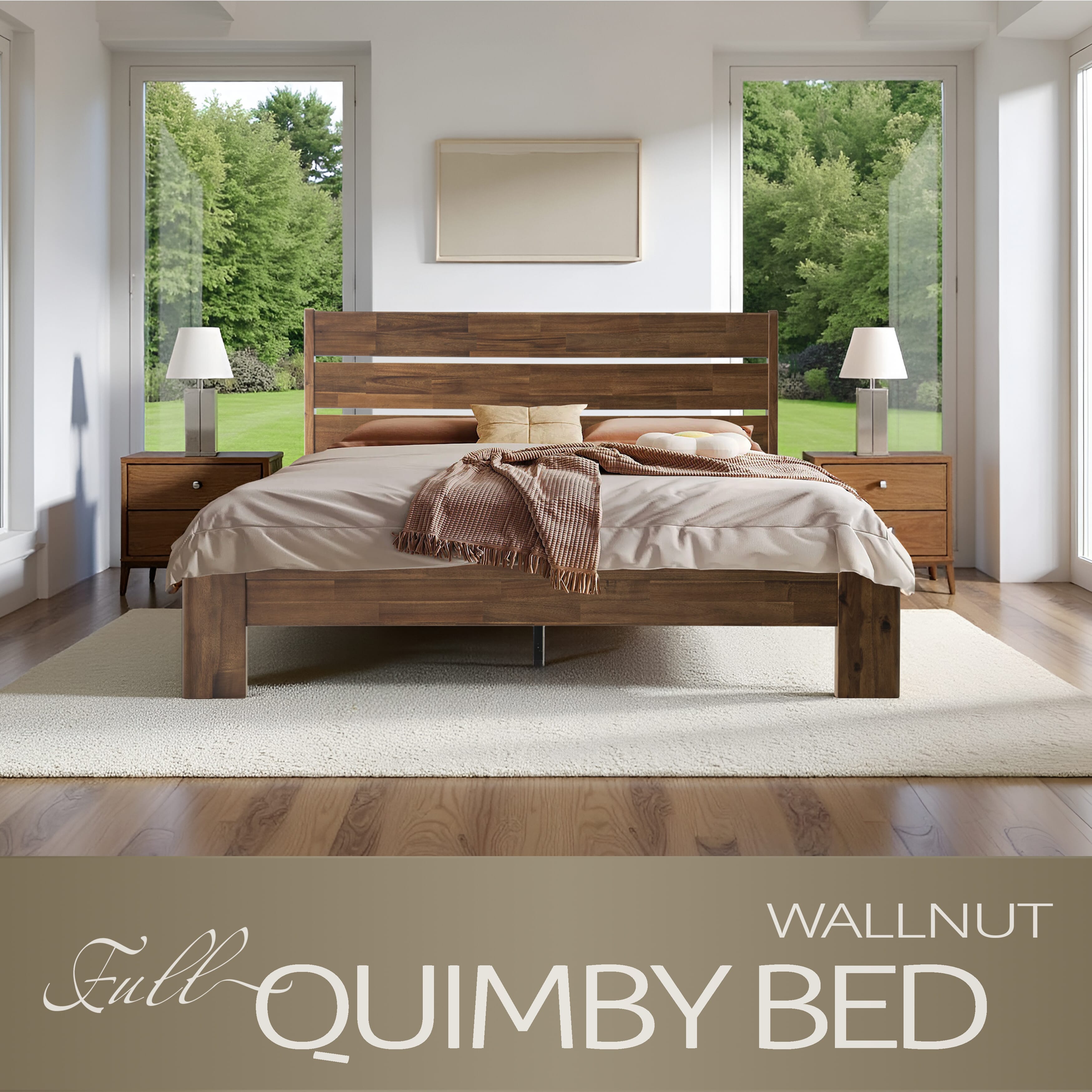Full Size Solid Wood Platform Bed Frame with Headboard & Footboard, 12 Strong Slats Structure Center Metal Legs, Noise-Free & Anti-Slip, Easy Assembly, No Box Spring Needed, Warm Walnut Finish, QIF-37