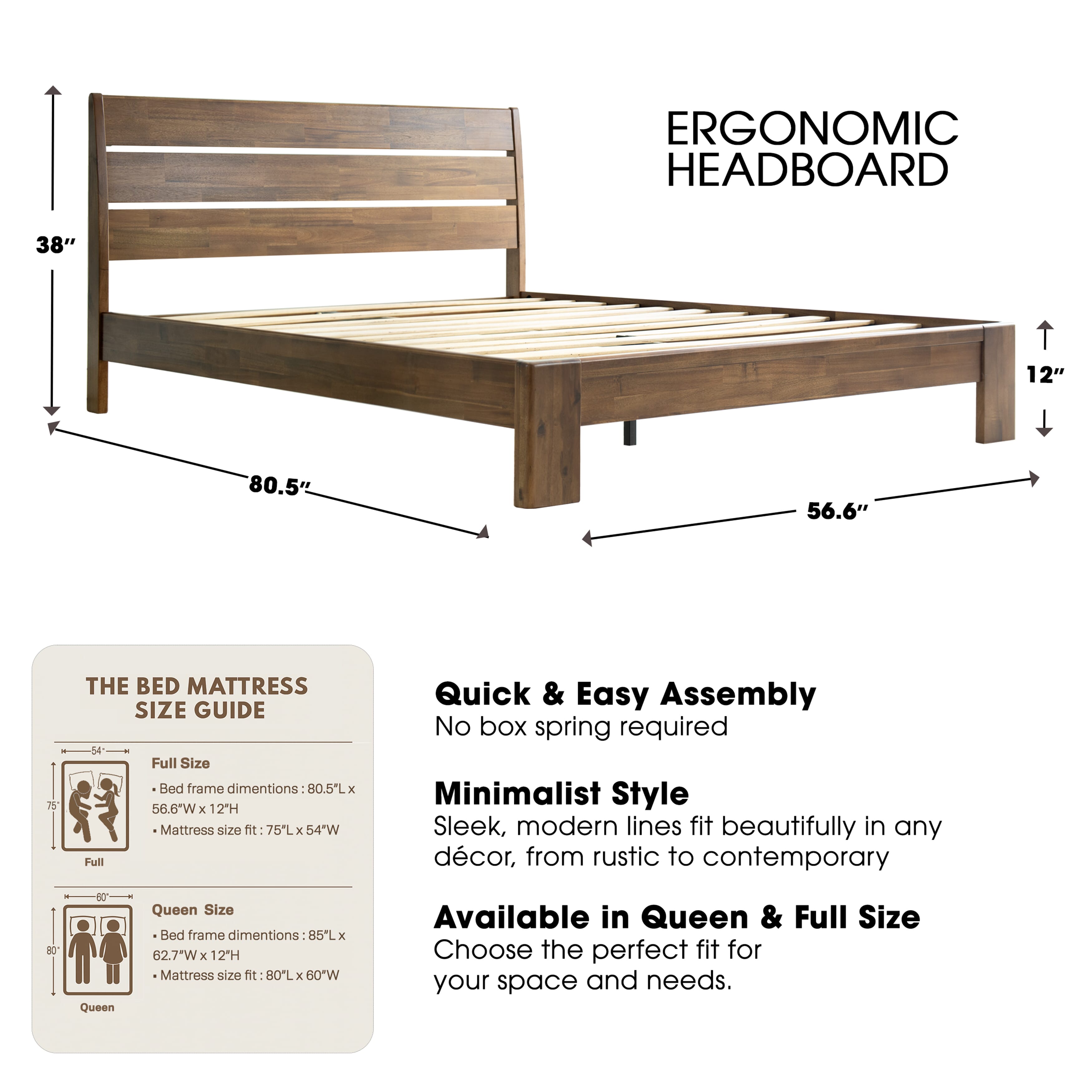 Full Size Solid Wood Platform Bed Frame with Headboard & Footboard, 12 Strong Slats Structure Center Metal Legs, Noise-Free & Anti-Slip, Easy Assembly, No Box Spring Needed, Warm Walnut Finish, QIF-37