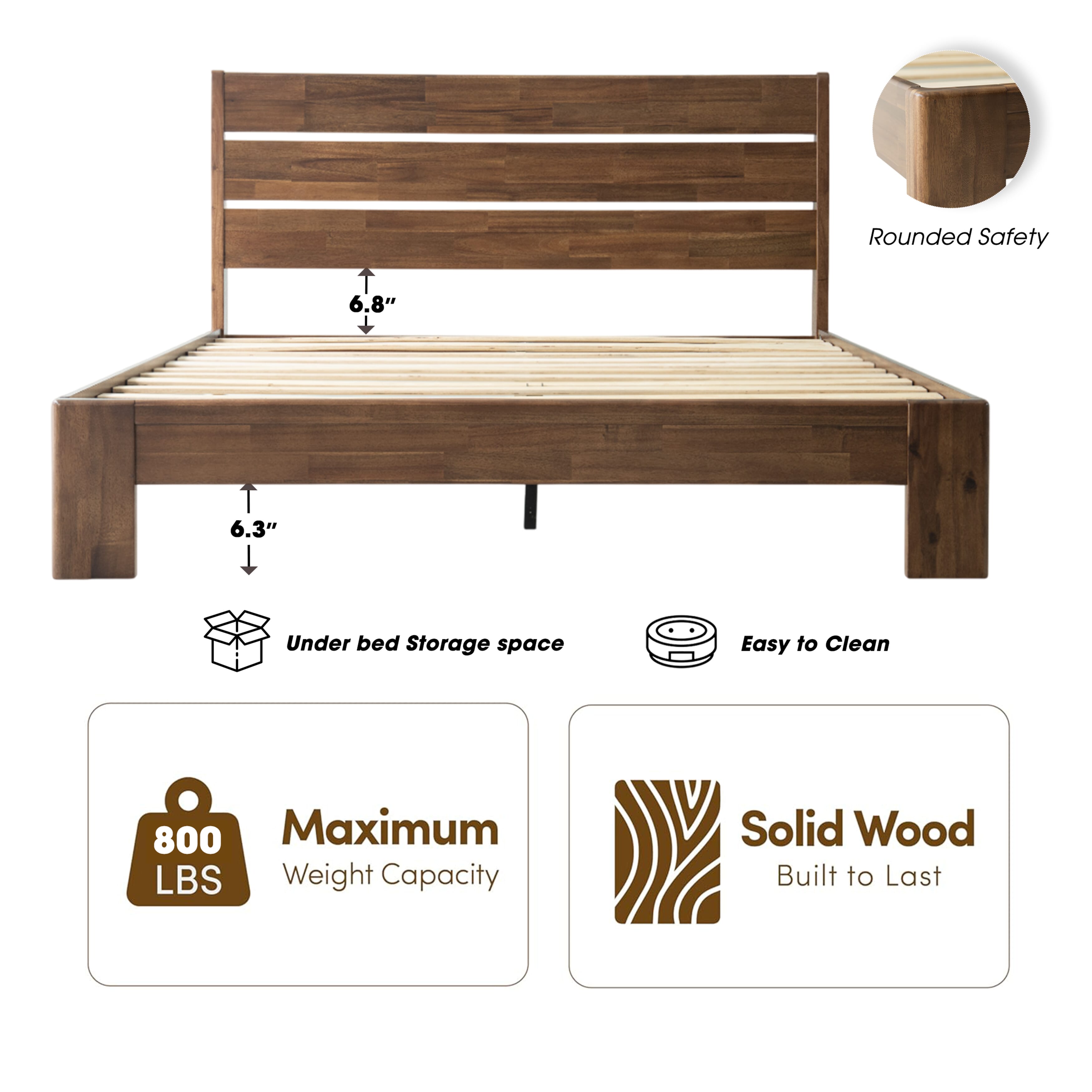 Full Size Solid Wood Platform Bed Frame with Headboard & Footboard, 12 Strong Slats Structure Center Metal Legs, Noise-Free & Anti-Slip, Easy Assembly, No Box Spring Needed, Warm Walnut Finish, QIF-37