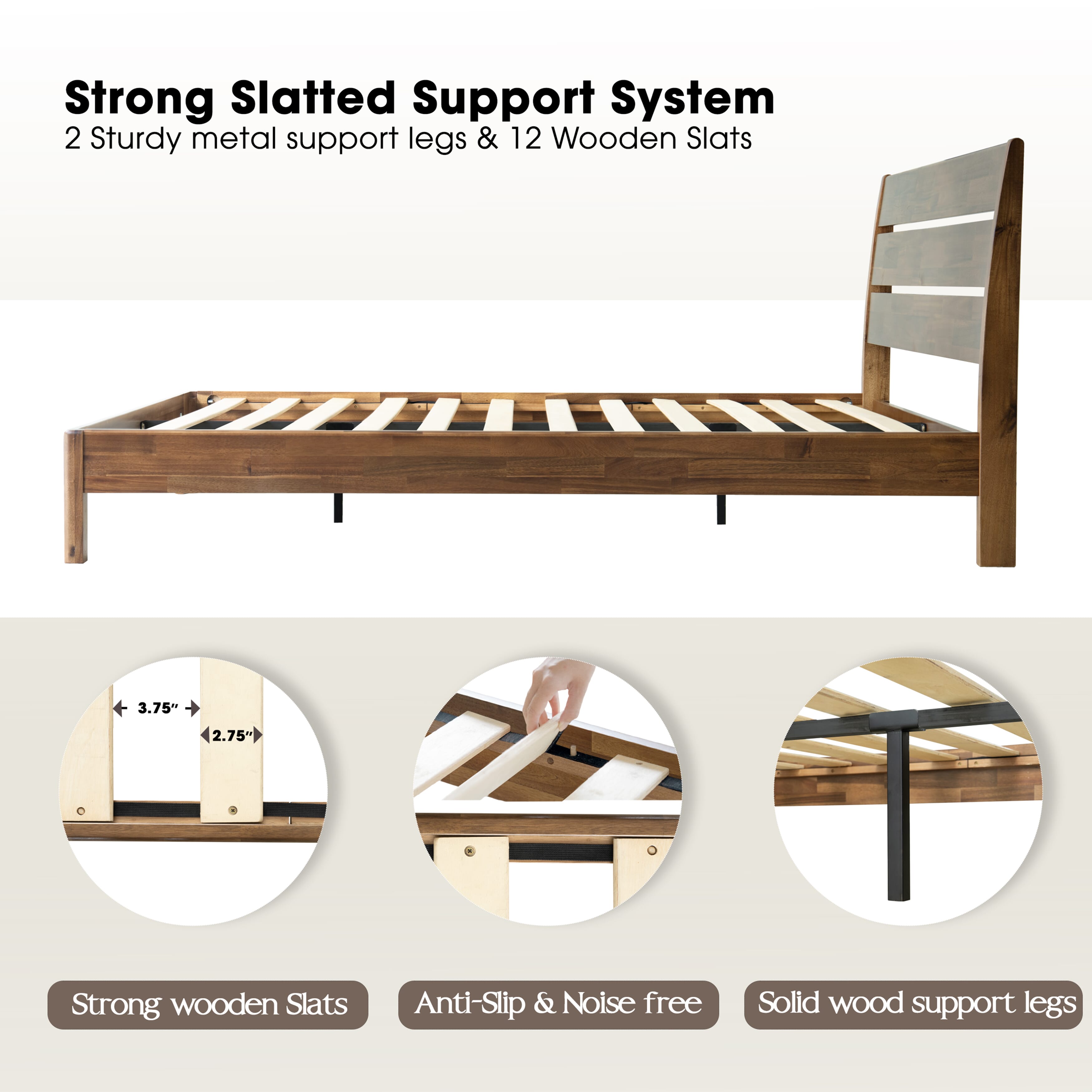 Full Size Solid Wood Platform Bed Frame with Headboard & Footboard, 12 Strong Slats Structure Center Metal Legs, Noise-Free & Anti-Slip, Easy Assembly, No Box Spring Needed, Warm Walnut Finish, QIF-37