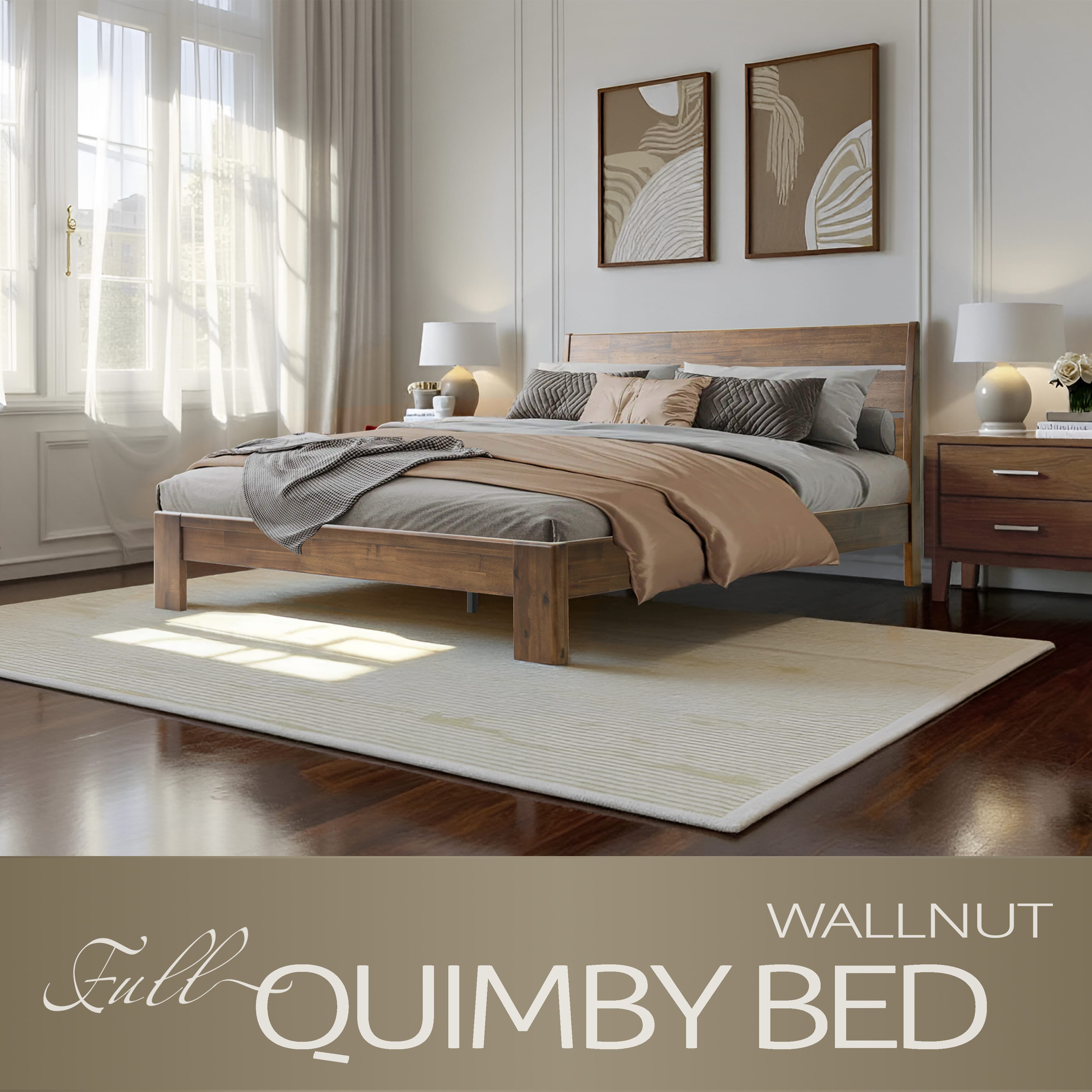 Full Size Solid Wood Platform Bed Frame with Headboard & Footboard, 12 Strong Slats Structure Center Metal Legs, Noise-Free & Anti-Slip, Easy Assembly, No Box Spring Needed, Warm Walnut Finish, QIF-37