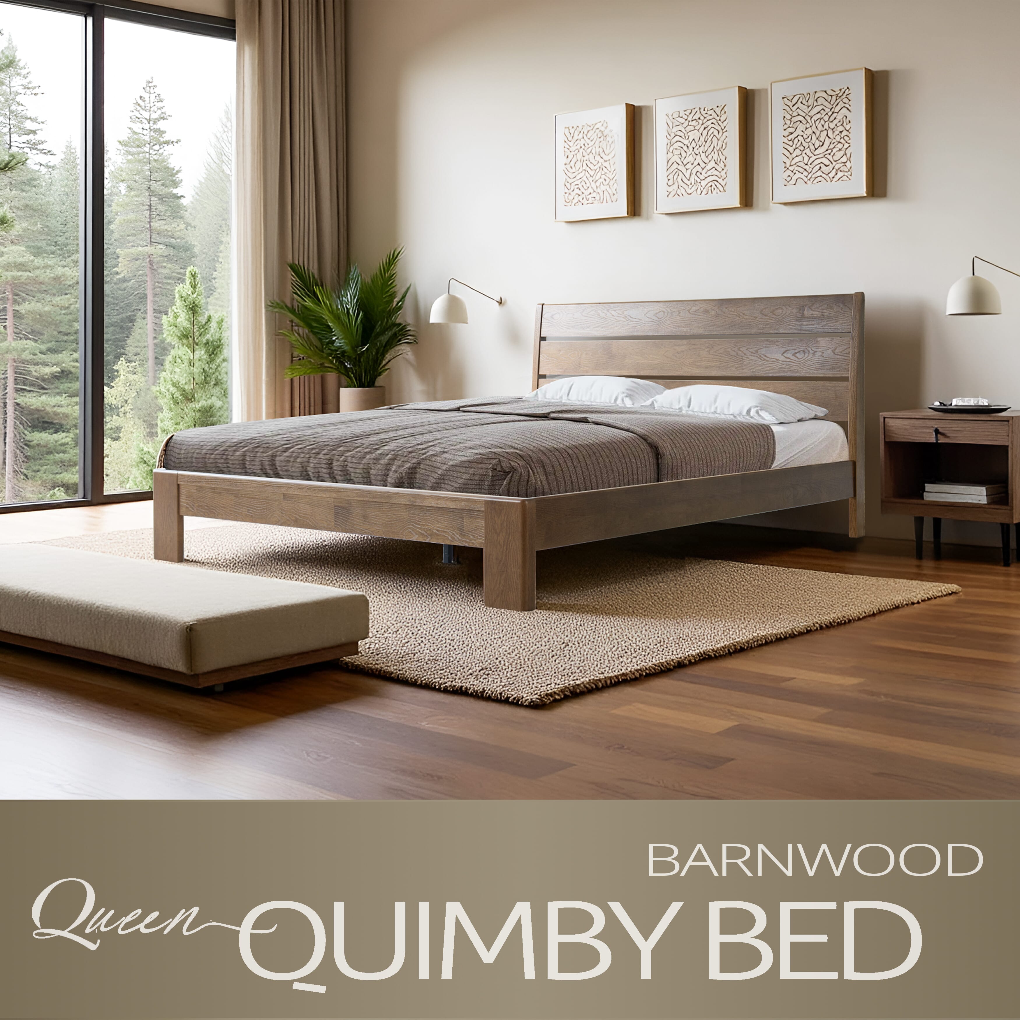 Queen Size Bed Frame with Headboard & Footboard, Solid Wood Platform Bed, Metal Legs, 12 Durable Slatted Structure, No Box Spring Needed, Anti-Slip & Noise-Free, Easy Assembly, Barnwood Finish, QIQ-30